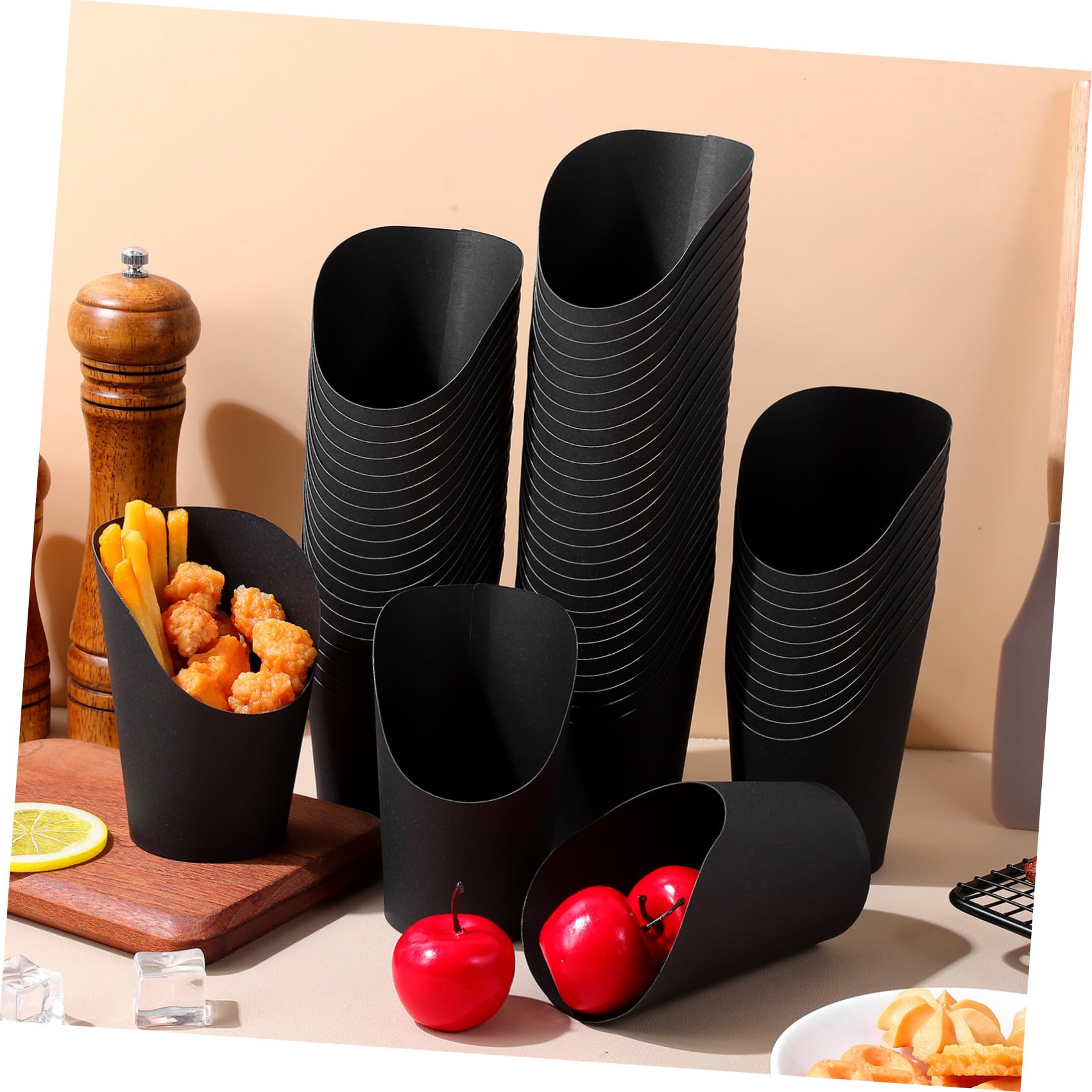 Alasum 100 Bicchieri di Carta Nero Apertura Obliqua da 14oz per Patatine Fritte, Capacità Grande e Comodi, per Eventi e Ristoranti