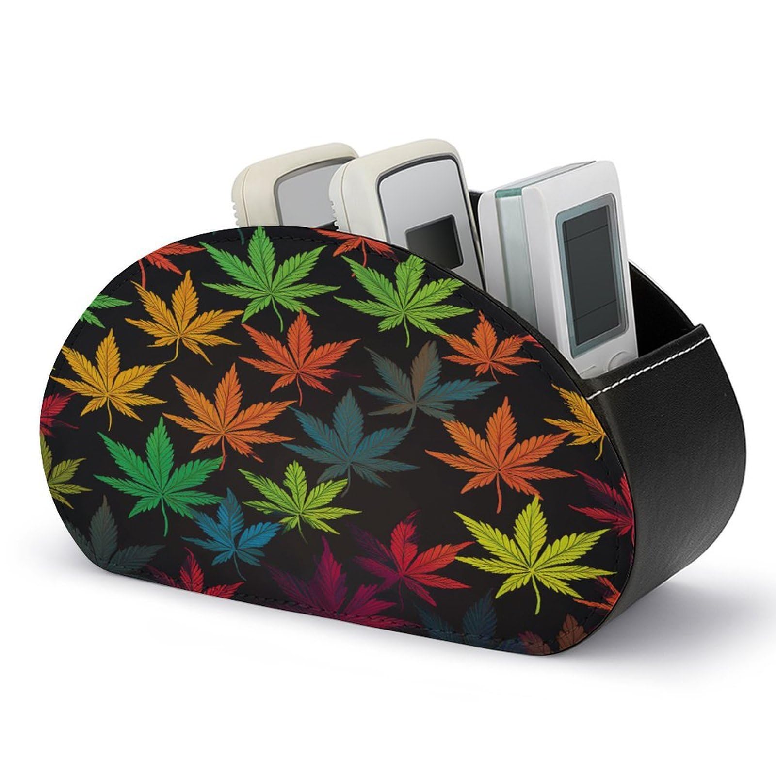 VstaDank Colorful Cannabis Leaves Remote Control Holder Farmhouse TV Media Remote Storage Box with 5 Compartments PU Leather Remote Caddy Desktop Organizer for Home Bedside Table Organizer