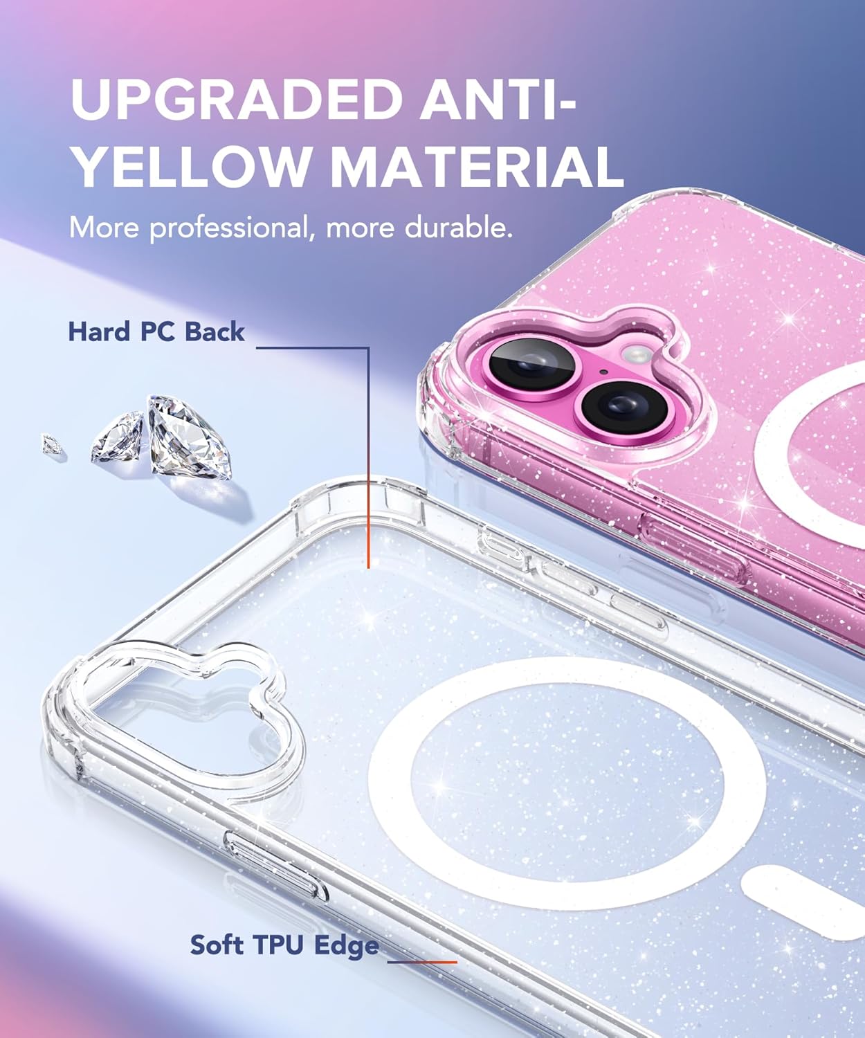 BERFY Magnetic for iPhone 16 Case, [Compatible with Magsafe], with Screen Protector + Camera Lens Protector, [Non-Yellowing] Clear Sparkly Shockproof Hard Phone Case for Women 6.1", Shiny Clear - Image 4