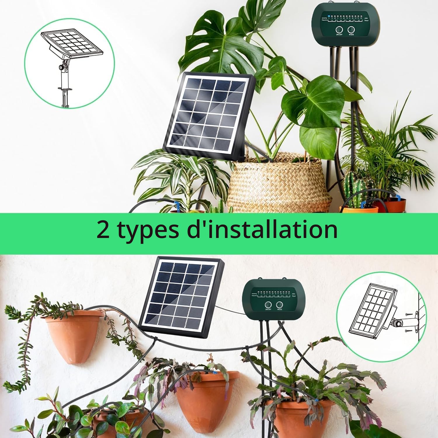 Système d'irrigation solaire, goutte-à-goutte automatique, design anti-siphon pour plantes en pot, serre, 12 modes de minuterie, appareil d'arrosage de plantes + tuyau de 15 m