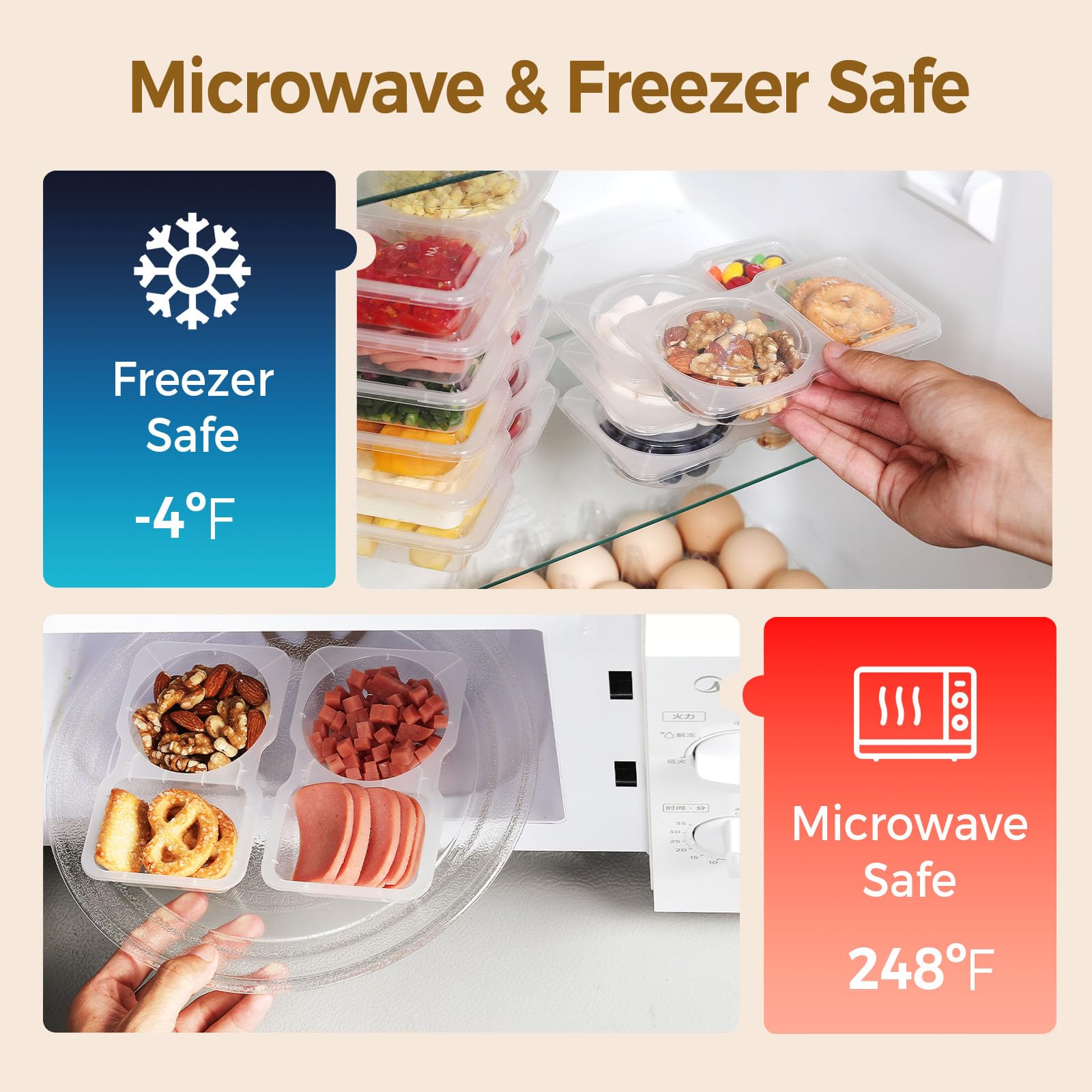 Gewürzbehälter mit 2 Fächern und Deckel, 2 Fächer, kleine wiederverwendbare Snackbox-Behälter, 142 ml, unterteiltes Snack-Tablett für Mahlzeiten, Saucen, Salat, Reisen, 50 Stück
