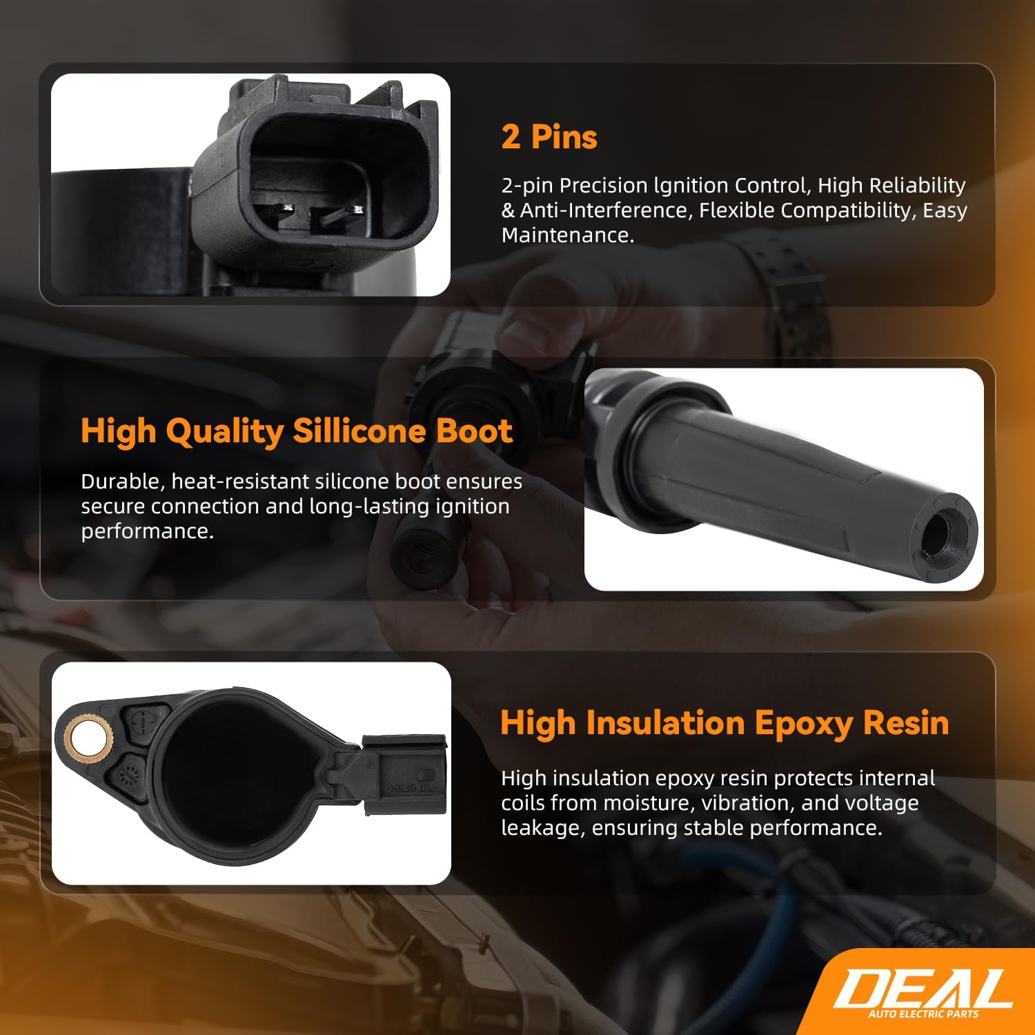DEAL Ignition Coil Pack, Compatible with Ford Escape/Focus/Transit Connect Mazda 3/6 Tribute Mercury Mariner, 2.0L 2.3L L4, Replace DG541 DG507 C1453, Set of 4
