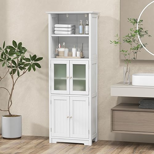 Miniatura 2 de COSTWAY Armario alto de almacenamiento para baño, armario de despensa de cocina independiente con puertas de vidrio y estante ajustable, gabinete de
