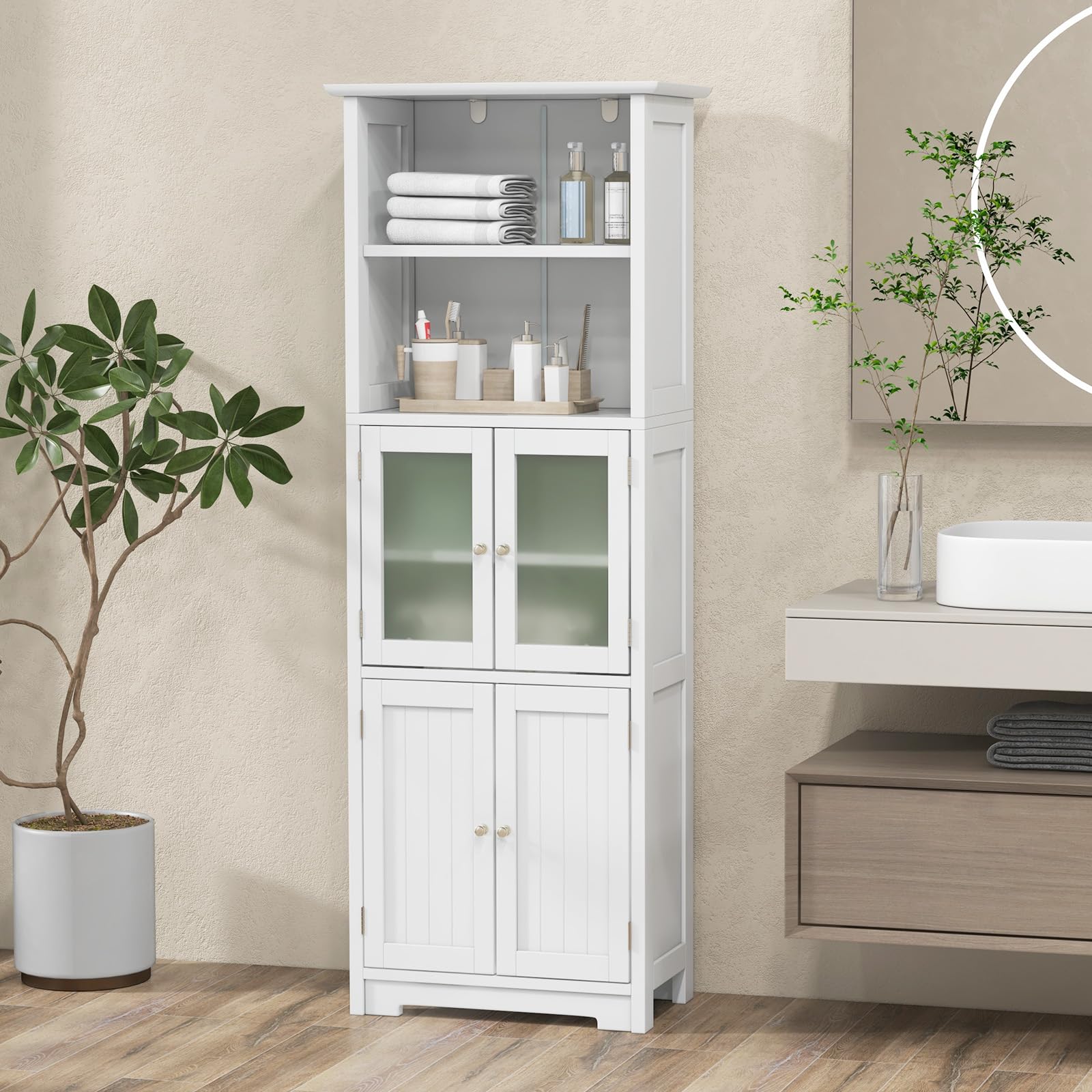 GOPLUS Meuble de Rangement pour Salle de Bain avec 3 Parties, Rangement 6 Niveaux avec 2 Étagères Ouvertes et 2 Compartiments, Portes en Verre Transparent et Poignées Métalliques, Gris