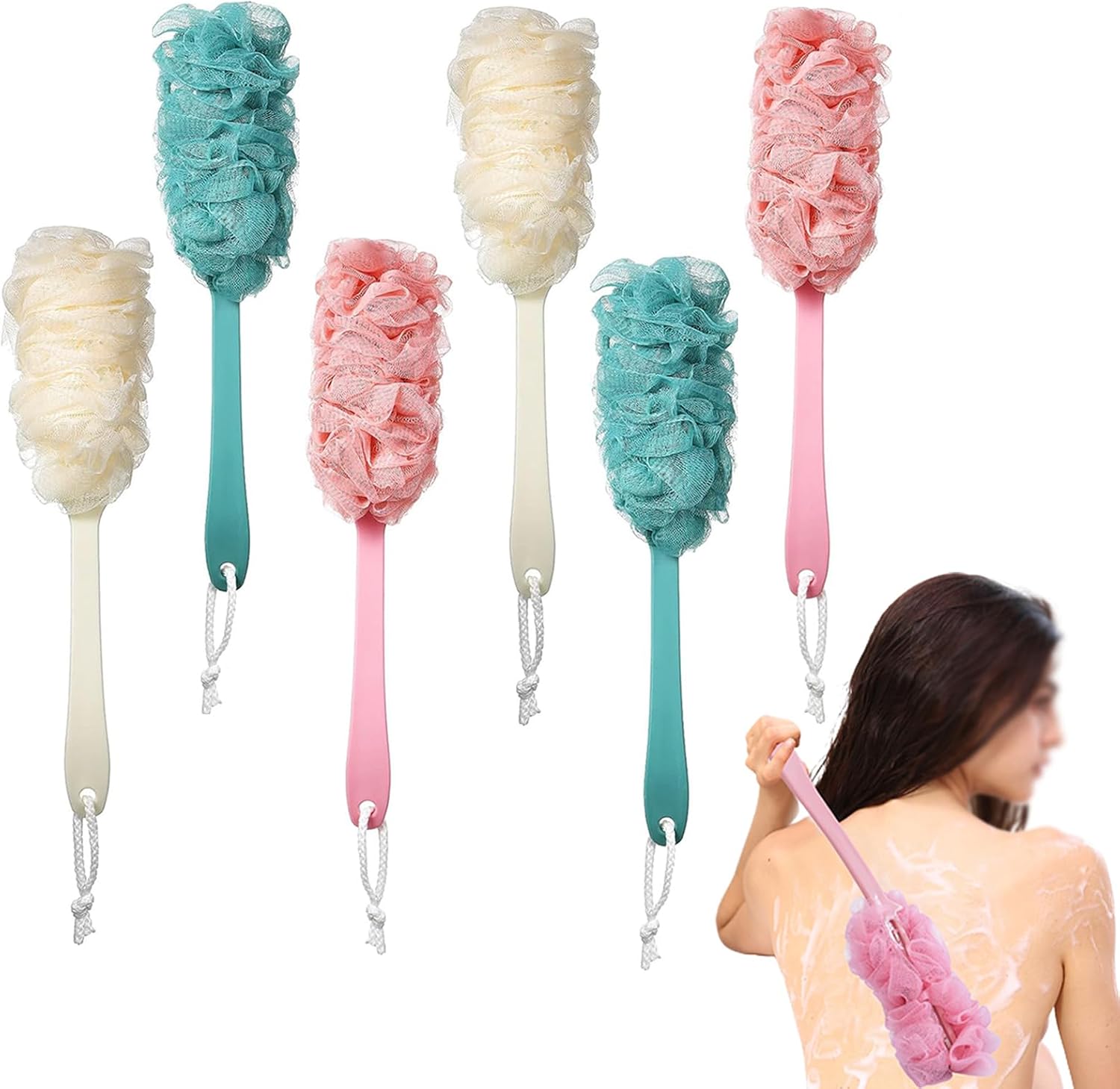 6 PCS Loofah Back Scrubber for Shower Long Handle Scrub