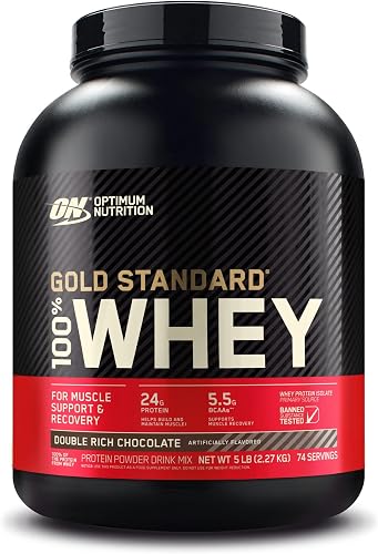 Optimum Nutrition Gold Standard 100% Whey Muscle Building and Recovery Protein Powder With Naturally Occurring Glutamine and BCAA Amino Acids, Double Rich Chocolate Flavour, 73 Servings, 2.26 kg