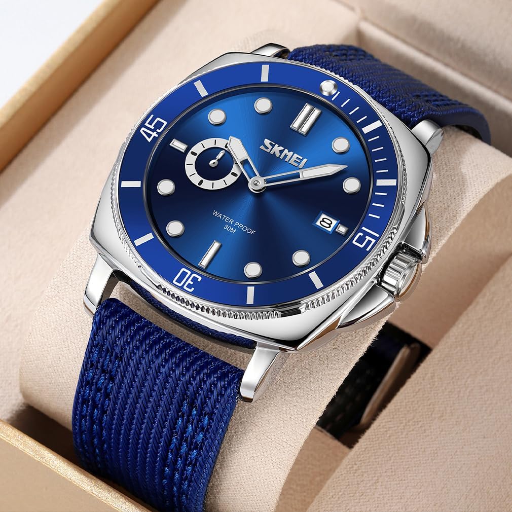 SKMEI Watch for Men Waterproof Fashion Casual Sport Big Face Analog Quartz Luminous Luxury Dress Business Gift Cloth Nylon Strap Blue Wrist Watches