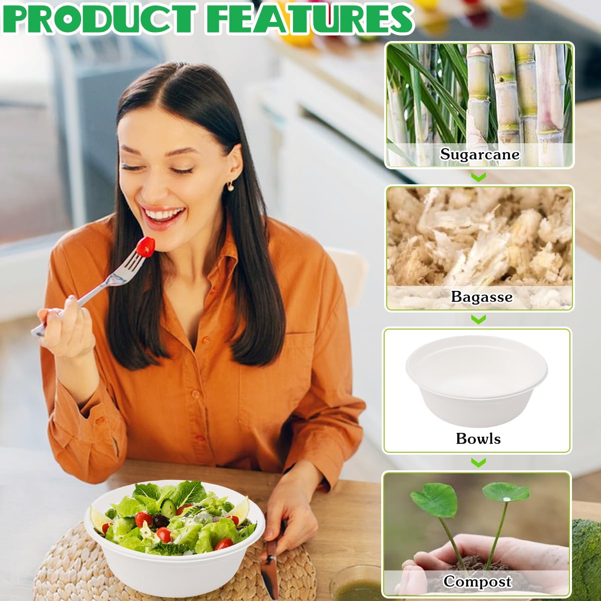 Kleemeiero 50 Pezzi Ciotole di Carta Bagasse di Canna da Zucchero 500ML Ciotola per Zuppa Biologica Rotonda Bianca Biodegradabili e Compostabili Piatti Carta per Picnic Barbecue Feste