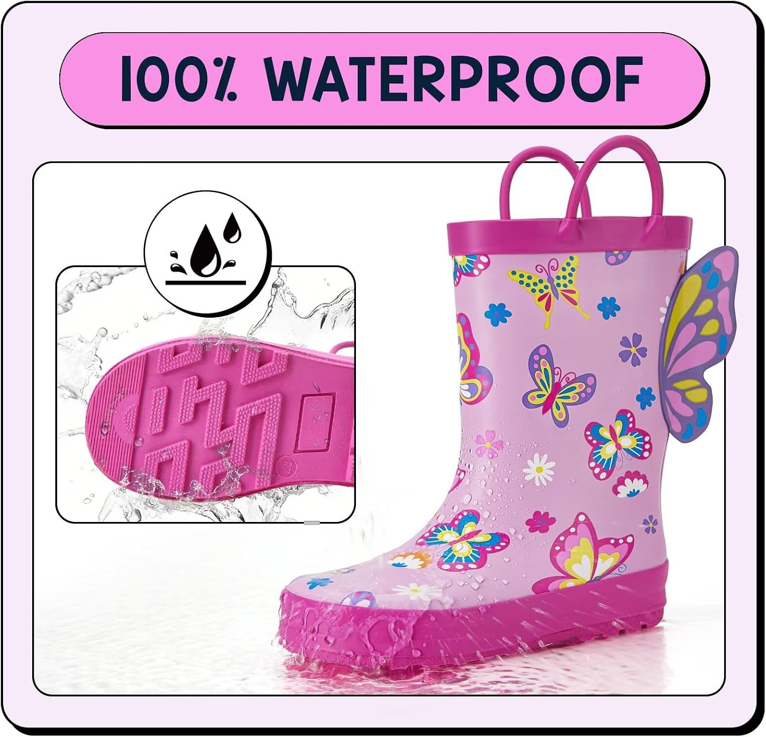EUXTERPA Toddler Rain Boots for Boys Girls Waterproof Kids Printed Rubber Boots with Easy On Handles