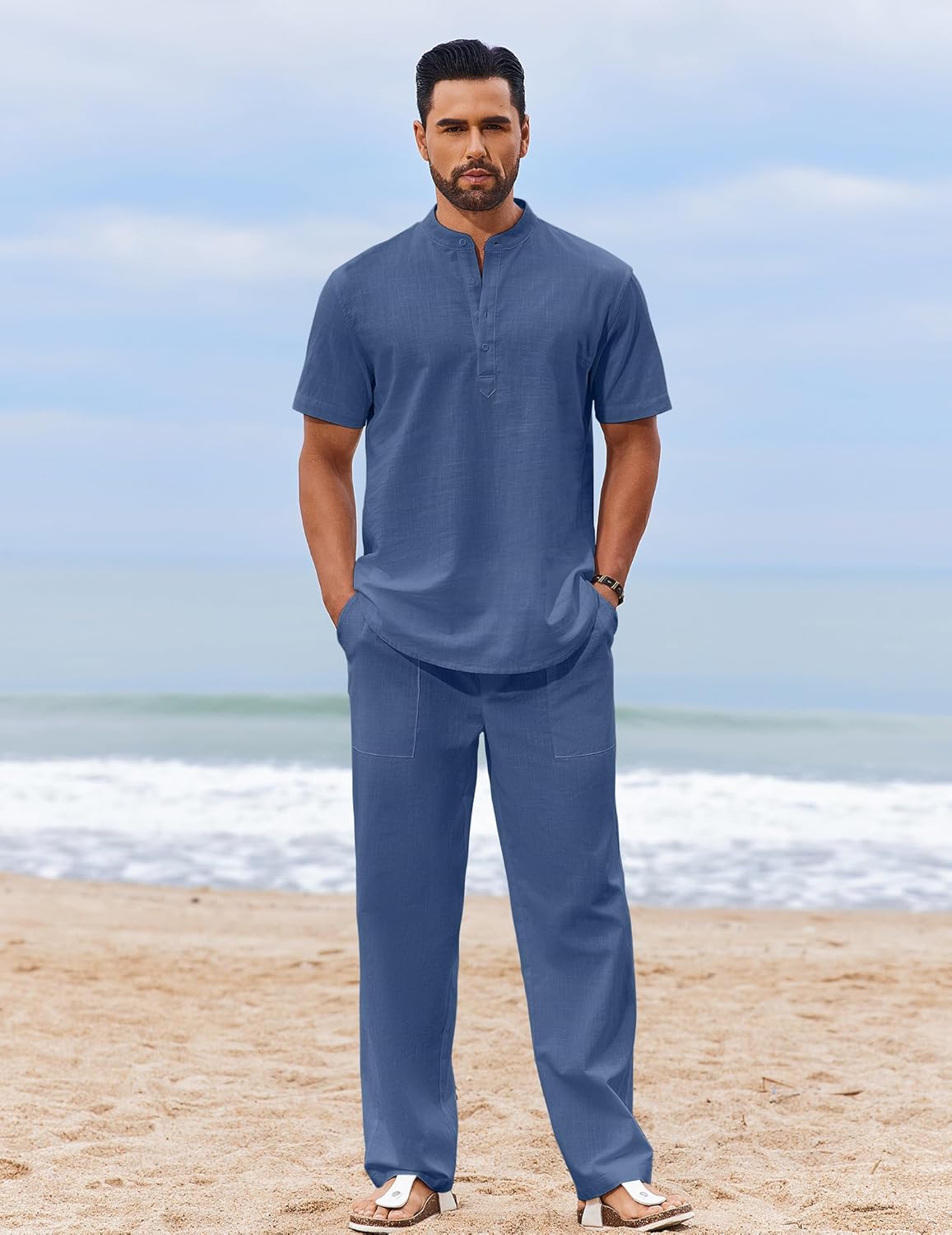 COOFANDY Men's 2 Piece Cotton Sets Casual Short Sleeve Henley Shirts and Beach Pants with Pockets Summer Vacation Outfits