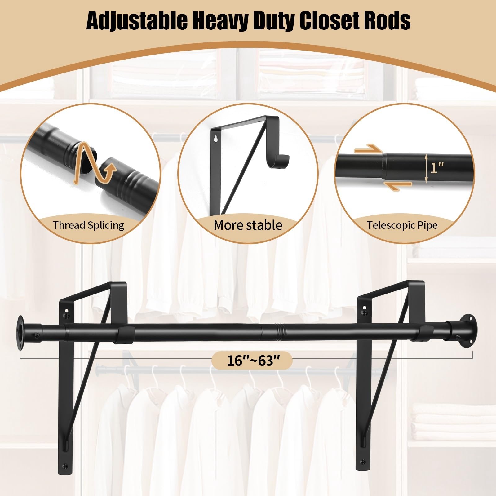 Closet Bar Adjustable Closet Rod 17-67 Inch - Heavy Duty Clothes ...