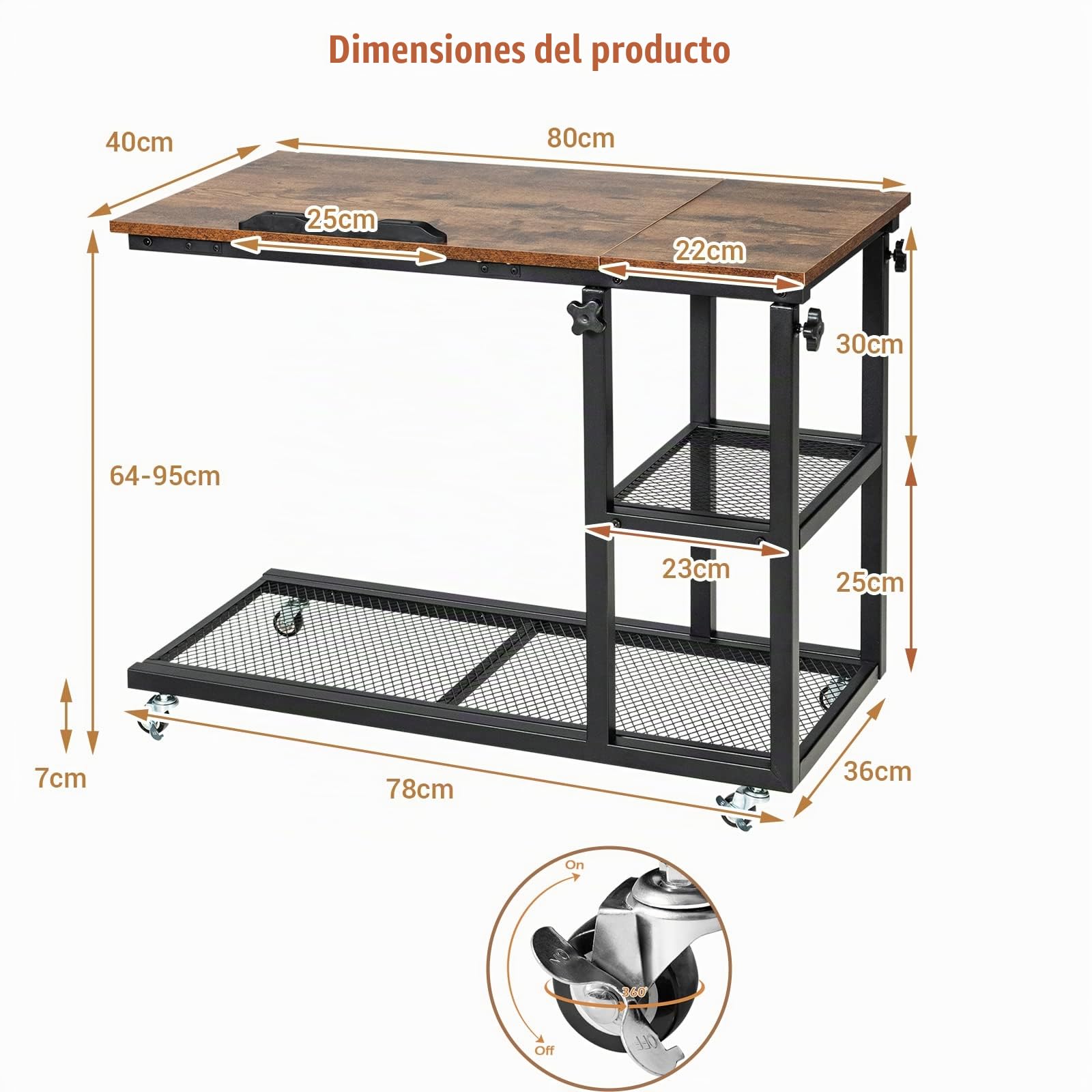 LIFEZEAL Mesa Auxiliar, Mesa Ajustable en Altura para Portátil, Tablero Ajustable y Ruedas con Freno, Escritorio elevable en Forma de C para Dormitorio, Salón y Sofá (Marrón)