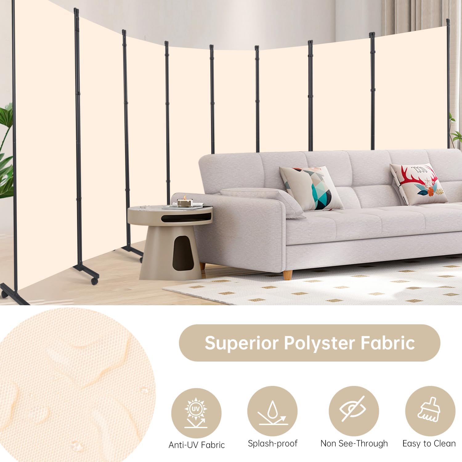 Room Divider 8 Panel Room Dividers/Wheels, Fabric Room Divider Panel for Office Room Partitions and Dividers, Portable Partition Wall Divider for Room Separation, Freestanding Privacy Screen Indoor