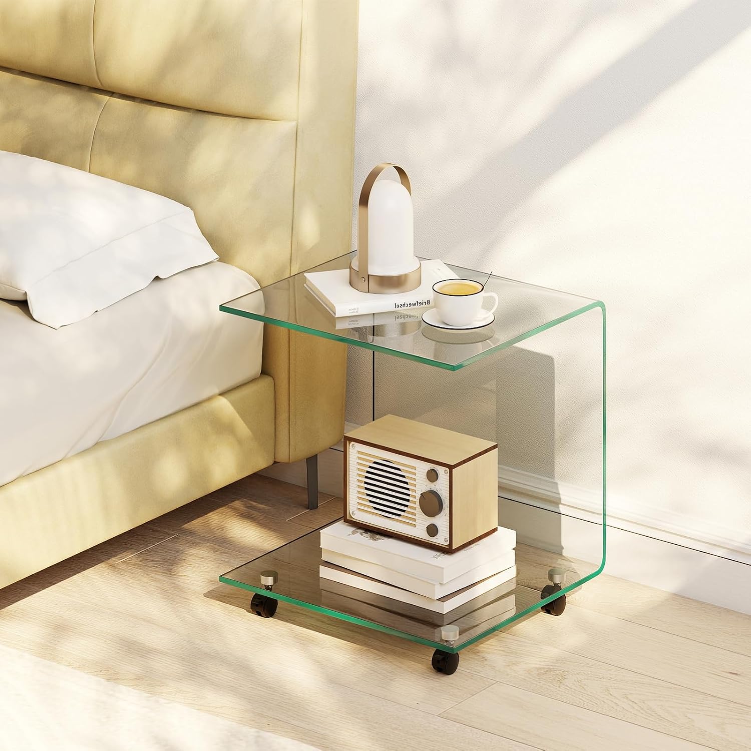 Tempered Glass Side Table, C-Shape Coffee Table with Wheels, Modern Sofa Table, Glass Table for Living Room, Bedroom, 45 x 40 x 48 cm (Transparent) image 4
