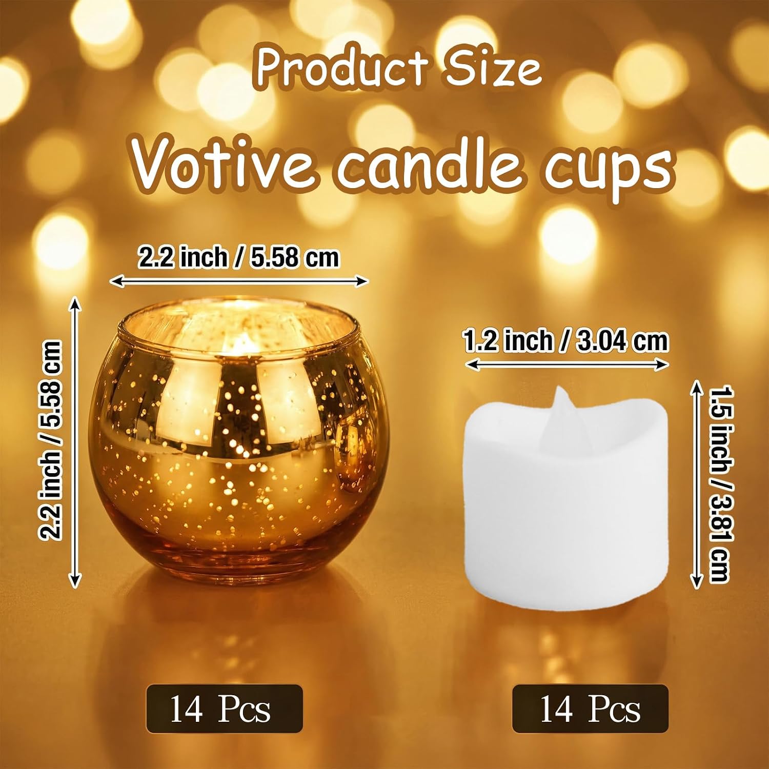 14 Set Votive Candle Holders with Tea Lights Speckled Mercury Glass Votive Candle Holders Wedding Centerpiece Table Decorations for Home Birthday Party(Gold)