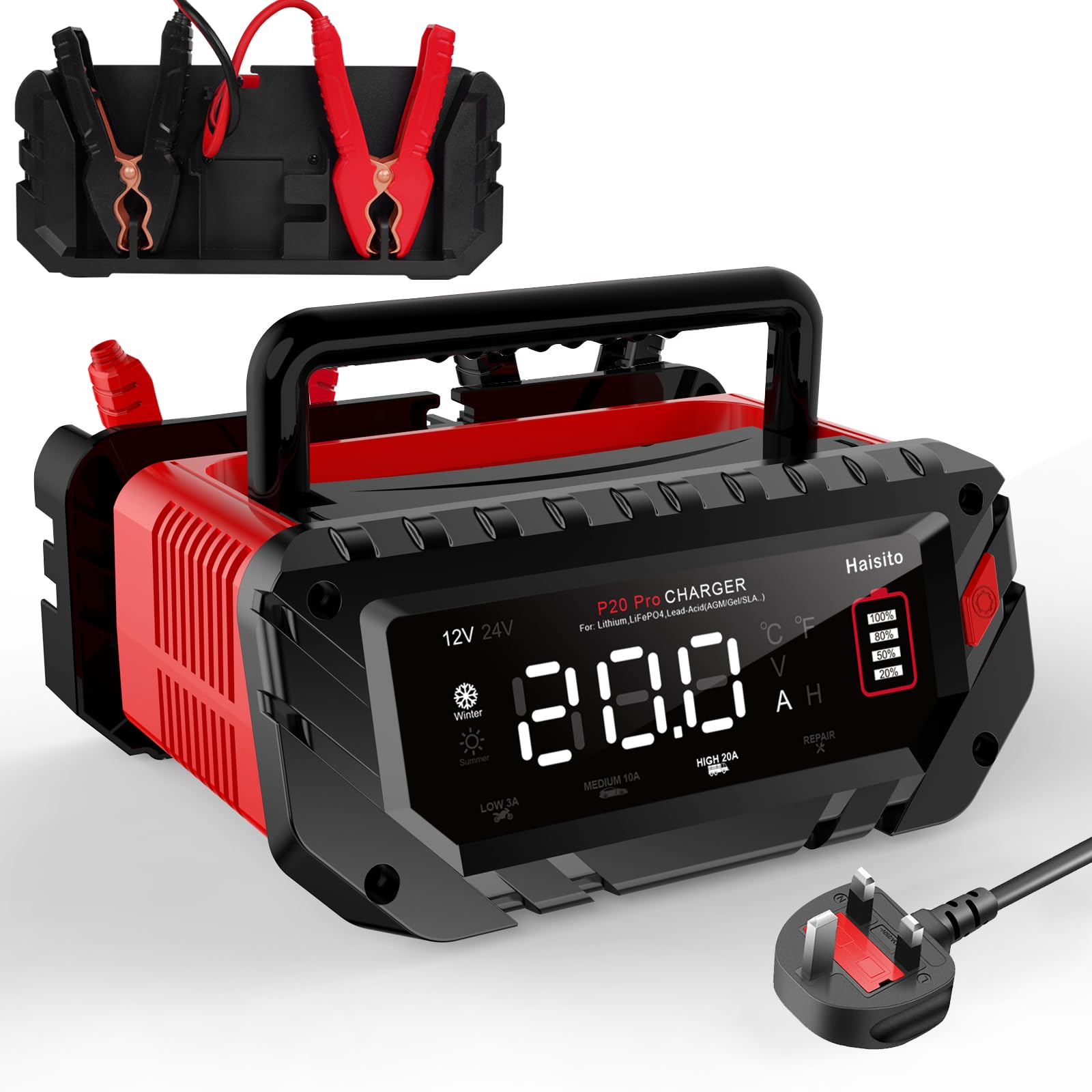 Haisito Cargador de batería de coche P20Pro, 12V 24V 20A, cargador rápido inteligente, cargador de vórtice para LiFePO4 de iones de litio, baterías de plomo-ácido (AGM, GEL, EFB, MF, etc.) barcos