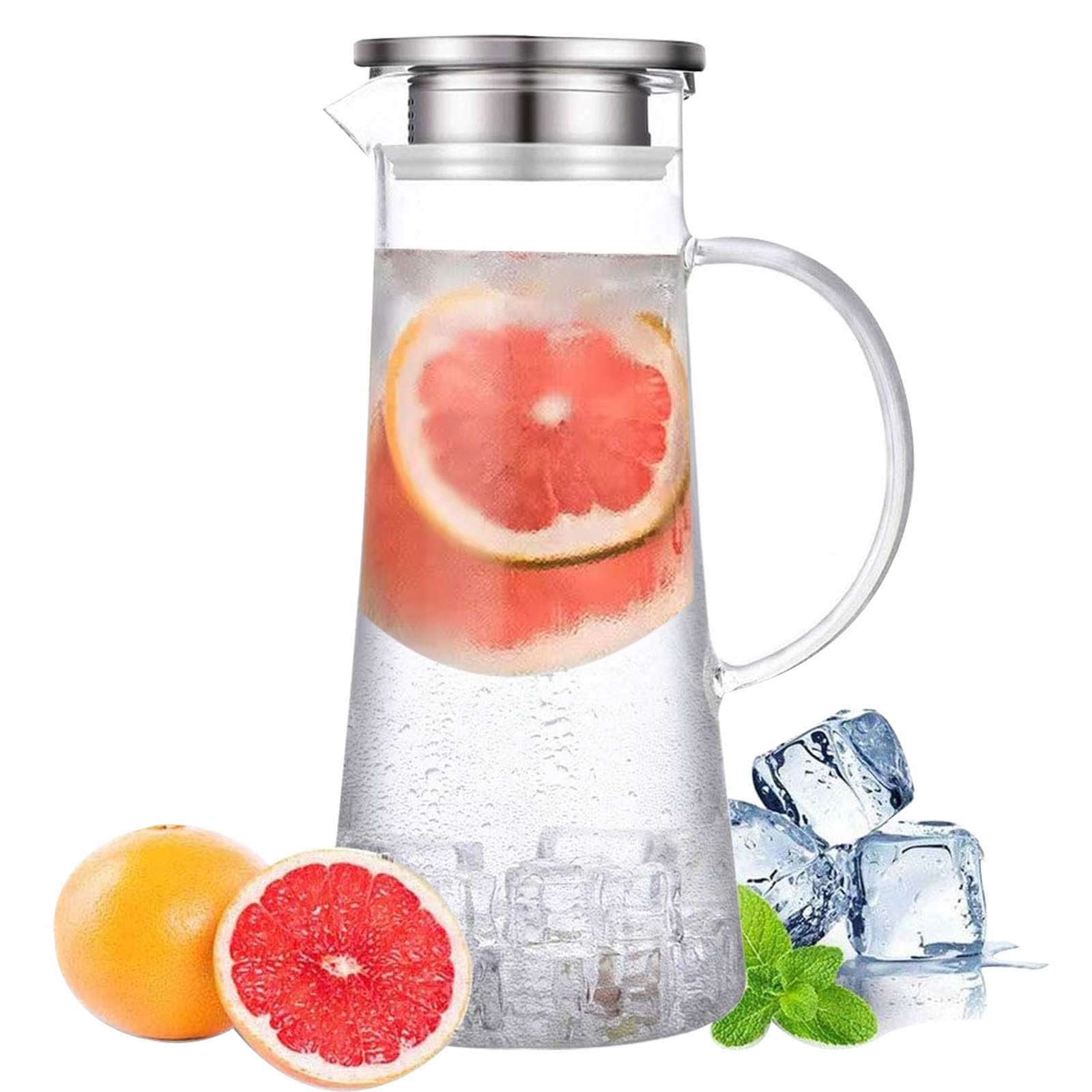 ZBUFAN Glazen karaf van 1,8 liter, met deksel, ijsthee glazen kan met deksel, borosilicaatglas, waterkan met koeling, waterkan, glazen kan hittebestendig, voor dranken, transparant