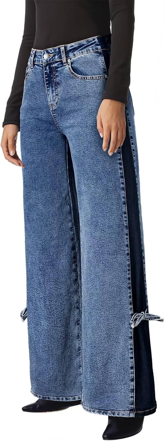 Astylish Women's Cotton High-Waisted Wide-Leg Jeans with Tie-Side Detail Fashion Fall Western Casual Pants