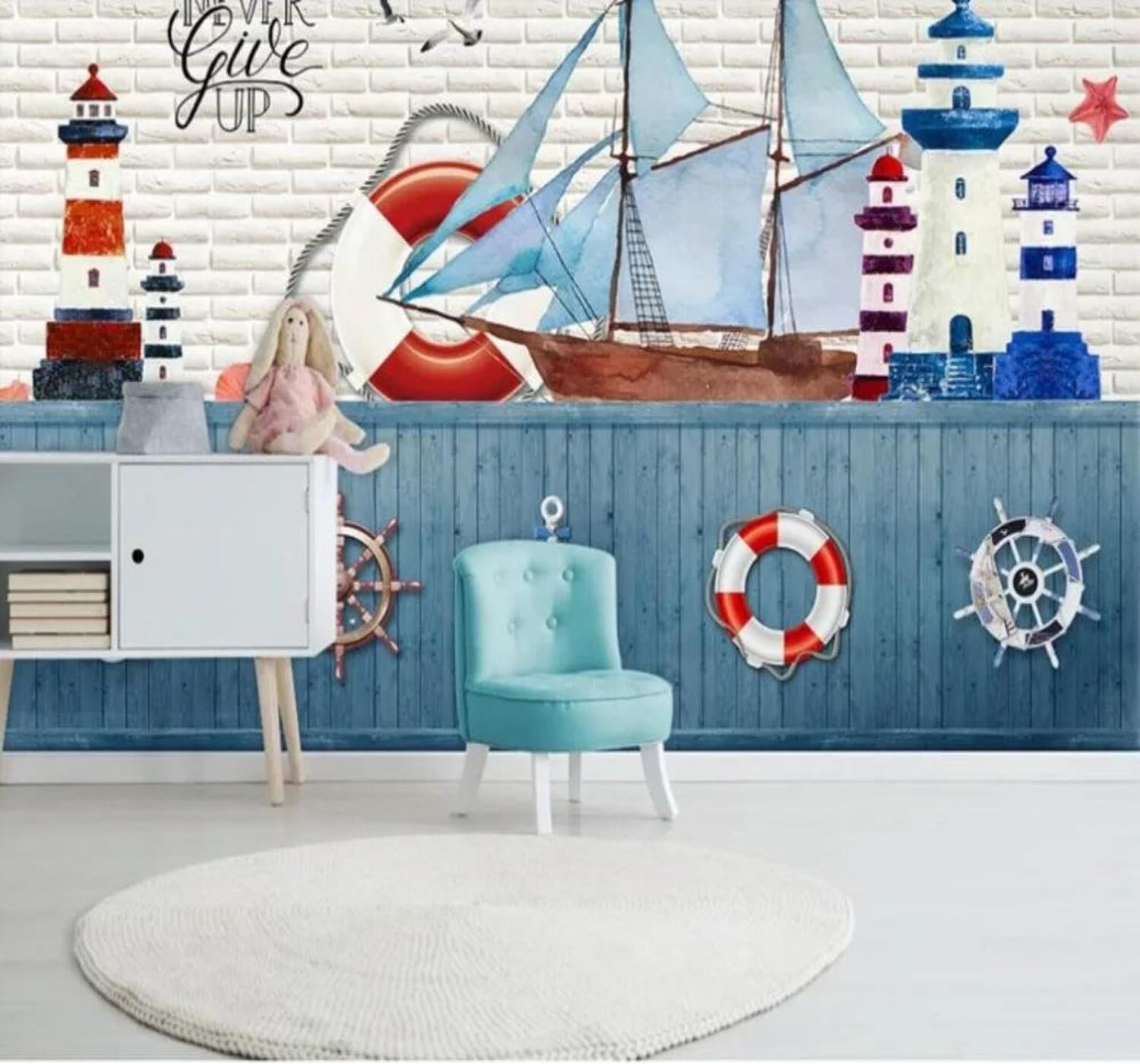 Tzxztt 430Cm×300Cm(B×H) Woodgrain Sailing Ship Lighthouse Lifebuoy Rudder Modern 3D Wallpaper Premium Textured Silk Neutral Tones Material Ideal For Living Room Bedroom-430Cm×300Cm