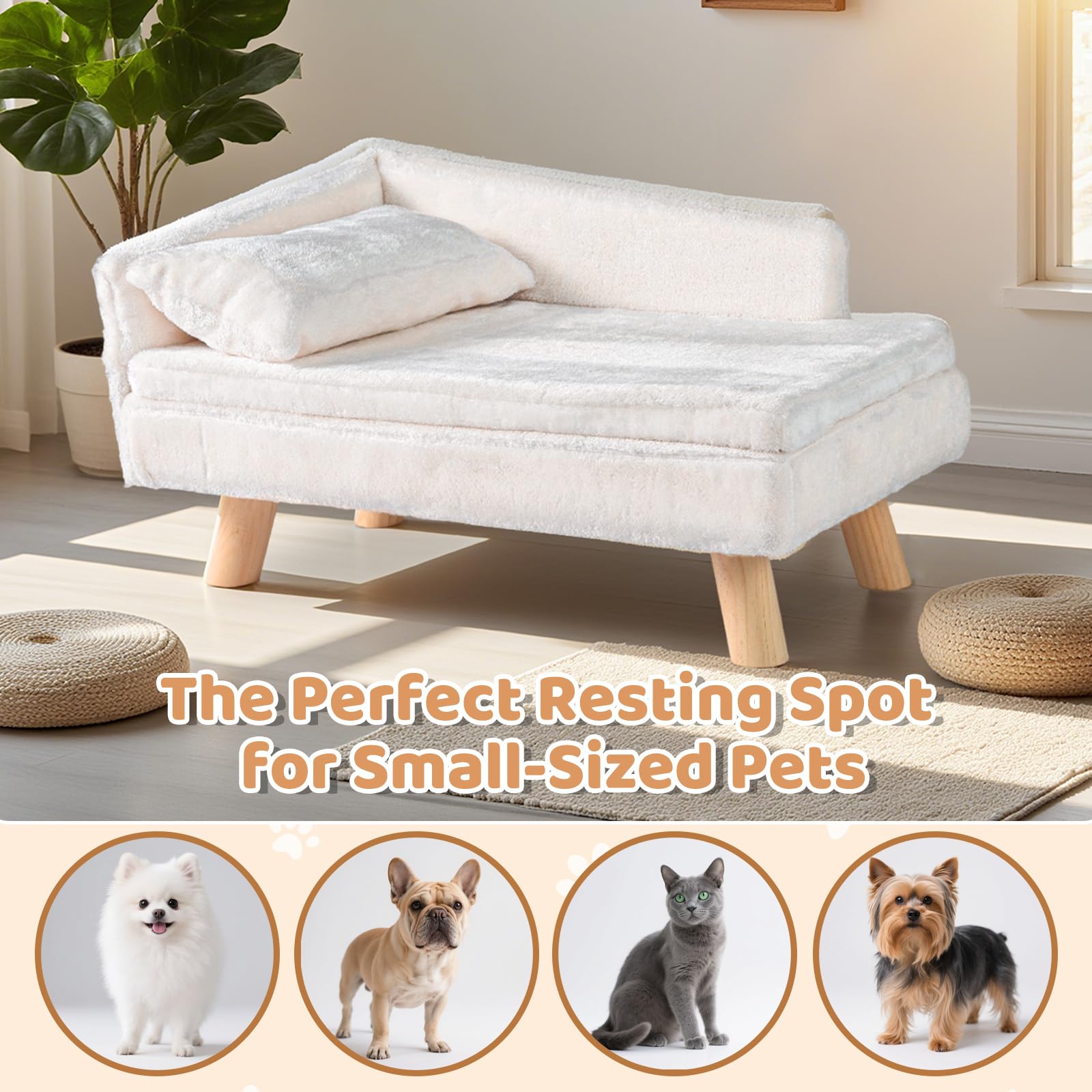 SOARS Canapé pour Chien Chat, Lit Surélevé avec Dossier Haut, Coussin et Pieds en Bois Massif, pour Moyens/Petits Chiens, 71 x 43 x 40 cm, Beige