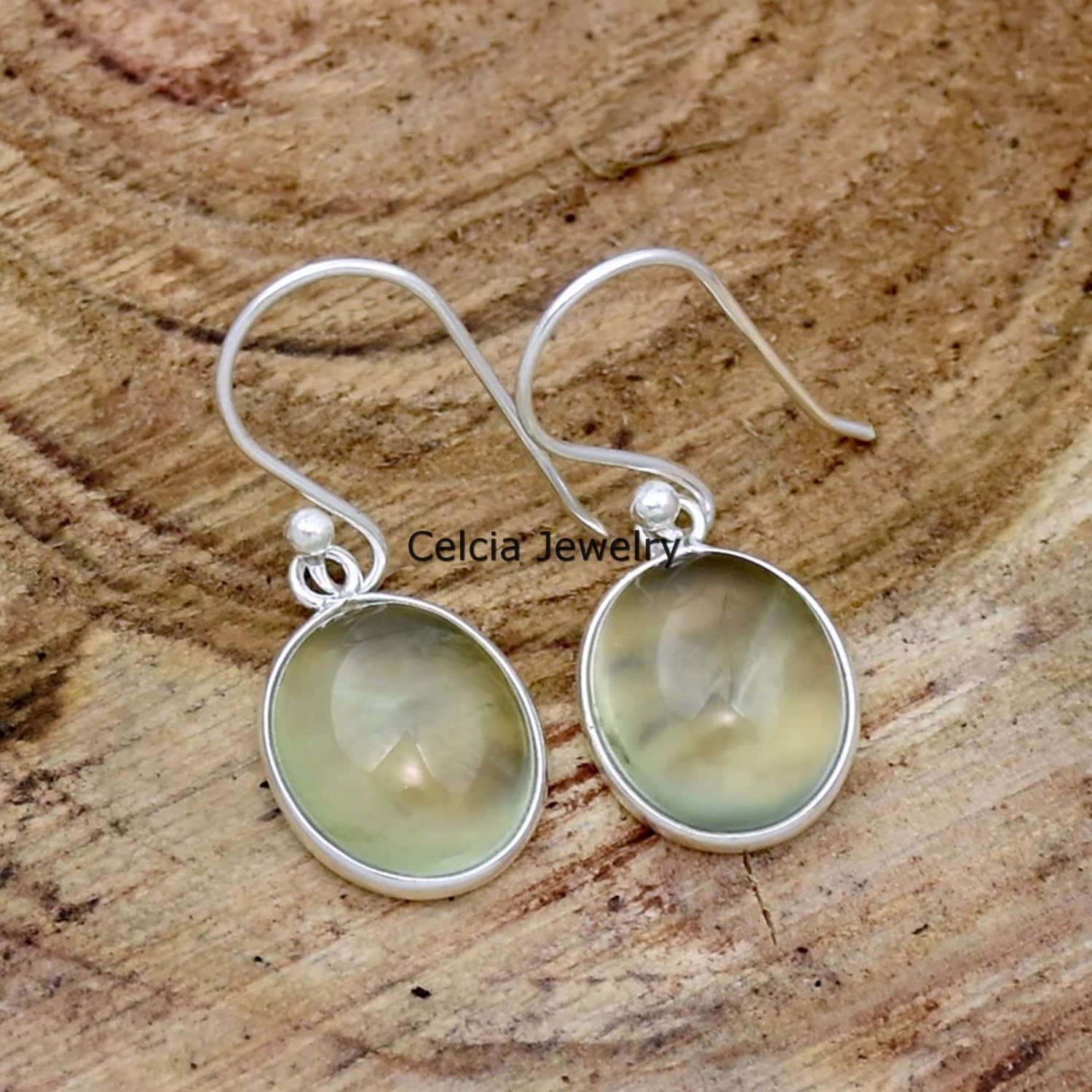 Pendientes de lágrima colgantes de plata de ley 925 maciza para mujer, pendientes delicados de piedras preciosas de prehnita natural, hermosos pendientes hechos a mano