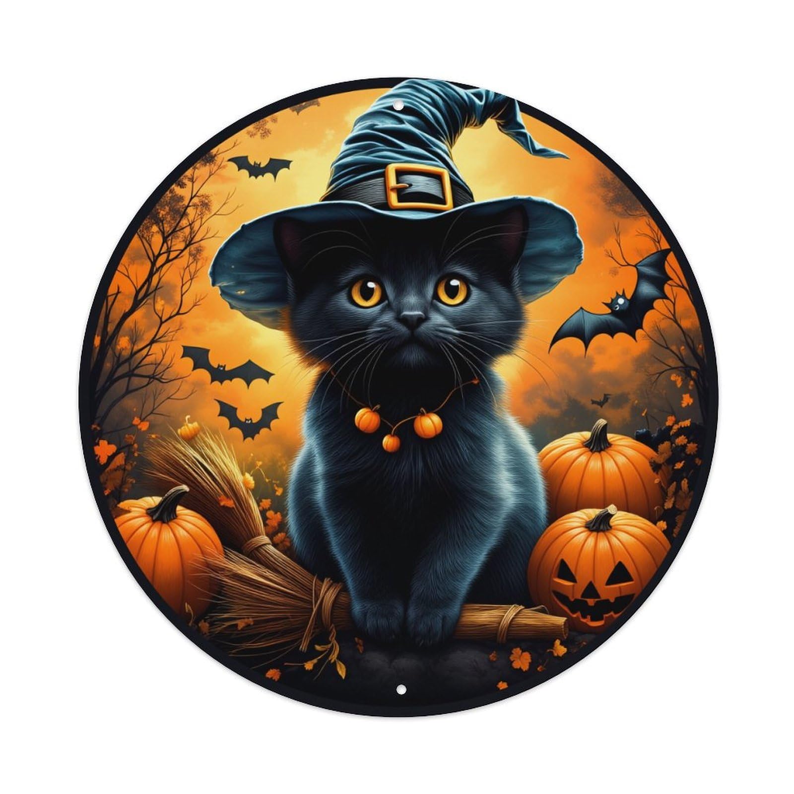 Black Cat Witch Hat Pumpkins Bats Round Tin Sign Vintage Metal Sign Home Bar Garden Indoor & Outdoor Wall Decor Retro Metal Poster 8x8 Inch
