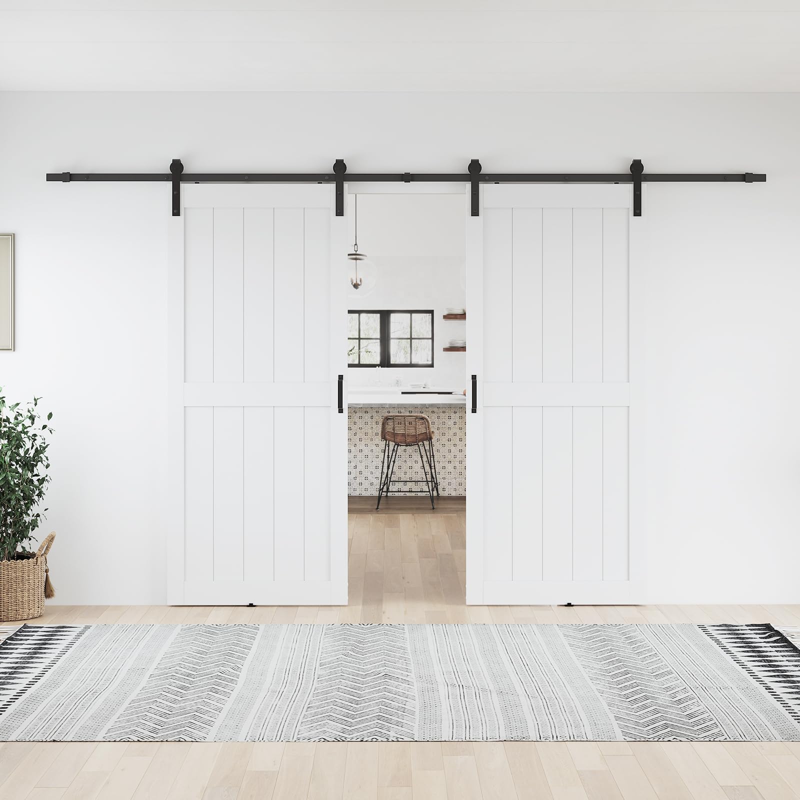 96 x 84 in Manufactured Solid Wood Paneled Double Sliding Barn Door with Installation Hardware Kits