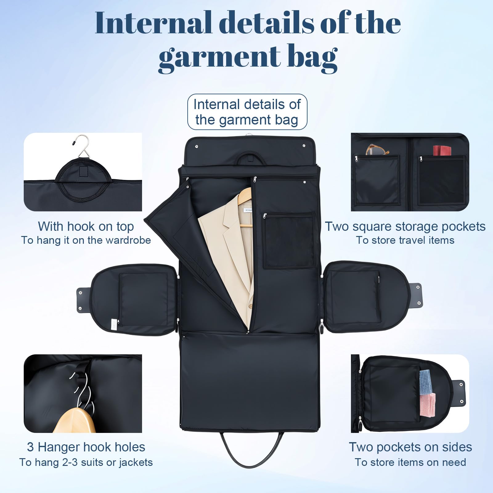 GARPROVM Anzugtasche Reisetasche für Damen, 3 in 1 Umwandelbar Kleidertaschen 2 Säcke Design mit Abnehmbar Handgepäck, Wasserdicht Wochenende Kleidersack Tasche für knitterfreie Reise (Schwarz)