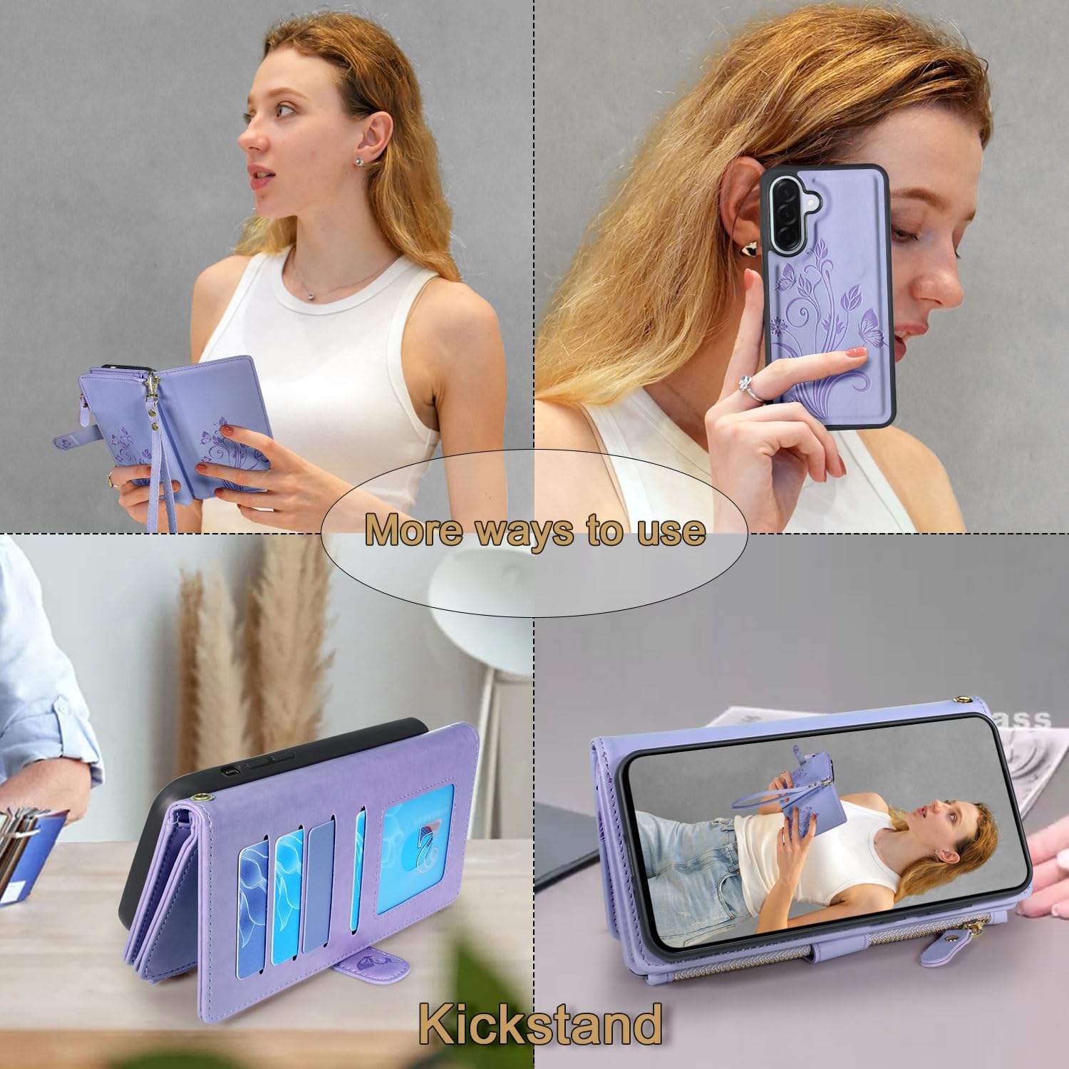 Lacass Case Wallet for Samsung Galaxy A37 A36 A56 5G, [12 Card Slots] ID Credit Cash Holder Zipper Pocket Detachable Leather Wallet Cover with Wrist Strap Lanyard（Floral Light Purple）