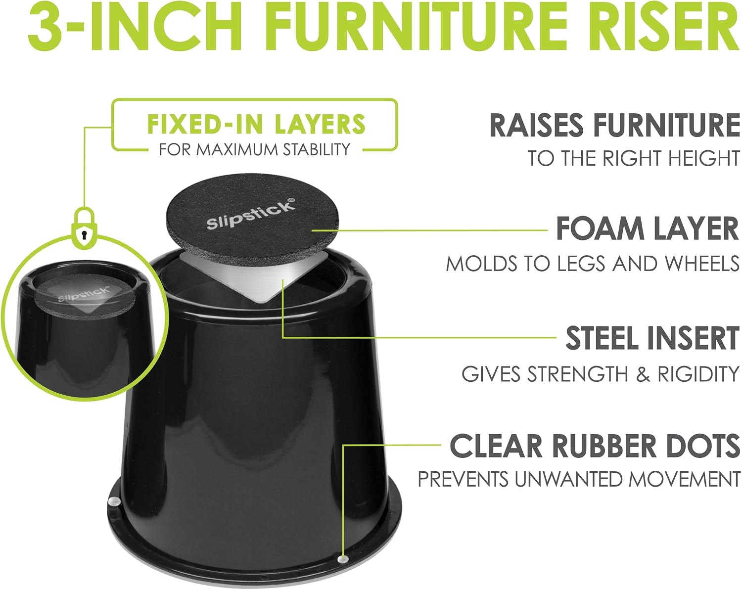 Slipsti CB672 Premium 3 Inch Bed Risers/Furniture Raisers with Steel