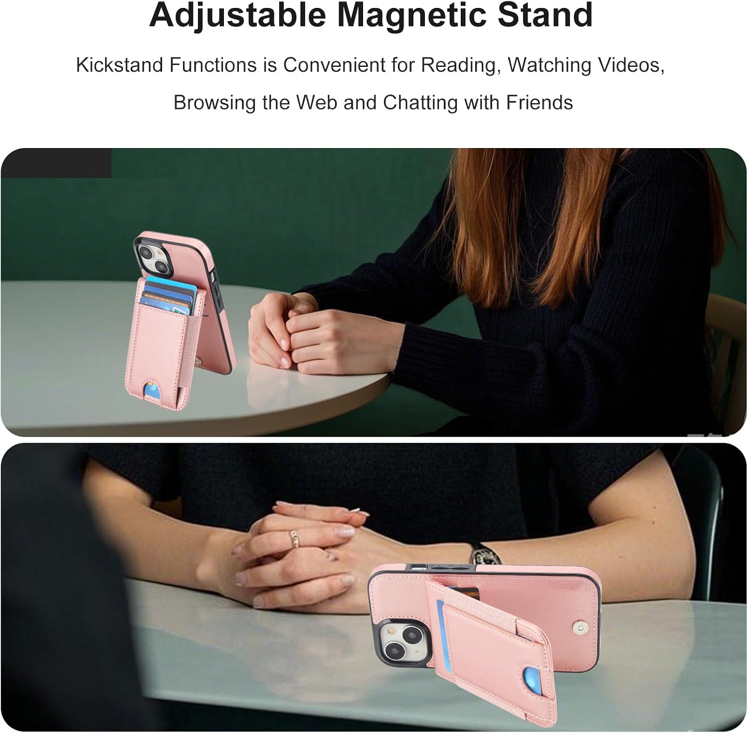 KIHUWEY for iPhone 15 Case Wallet with Card Holder, Large Capacity RFID Blocking Flip PU Leather Kickstand Magnetic Clasp Shockproof Protection Credit Card Slots Cover 6.1 Inch (Rose Gold)