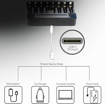 9 Independent Ports USB AA/AAA/9V Fast Charger 8PCS NiMh/NiCd AA/AA & 1PC NiMh/NiCd/Li-ion Square 9V Battery with LCD Display(1 Black Charger Only)