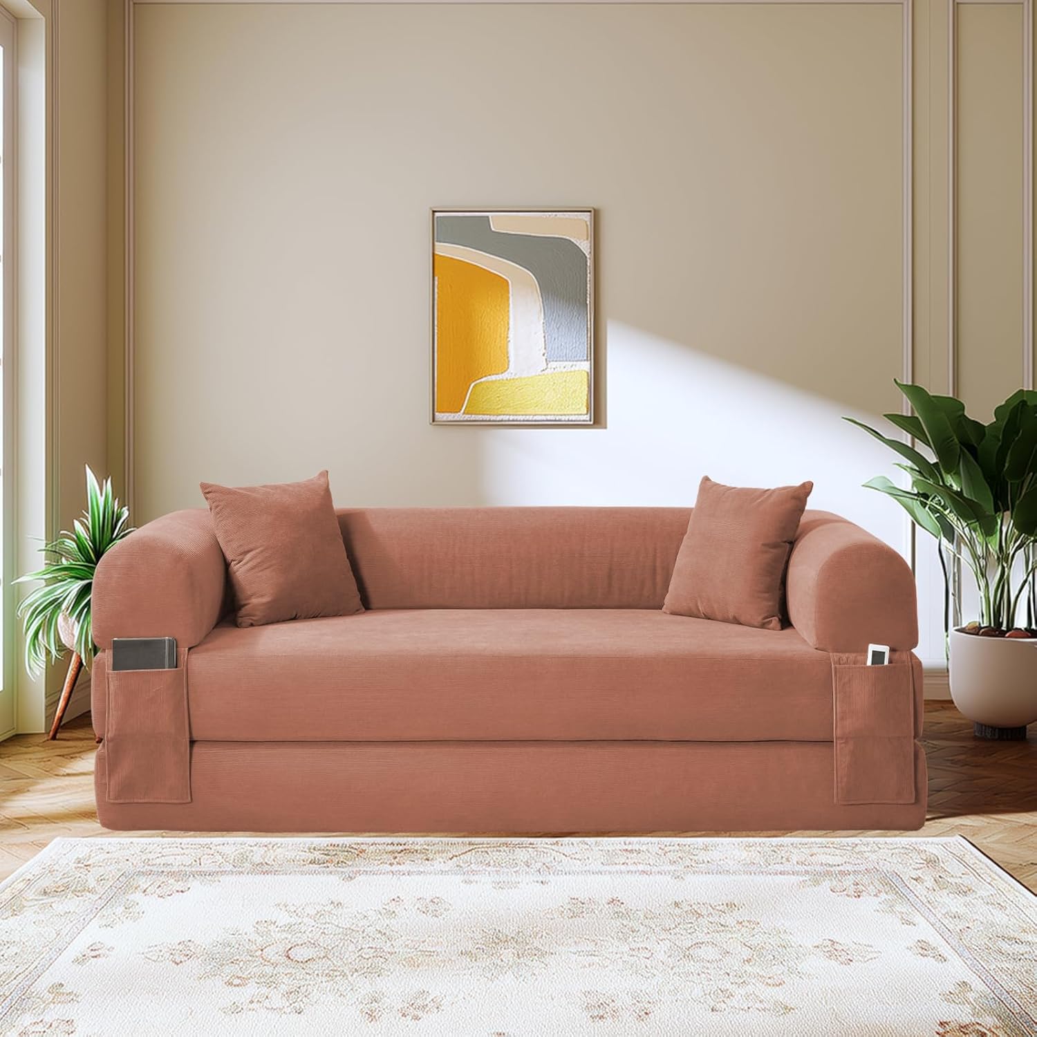 80 Inch Convertible Sofa Bed,Folding Pull Out Couch with Pillows & Storage Pocket,Corduroy Queen Sleeper Sofa in a Box,No Assembly Boneless Couch for Living Room,Pink