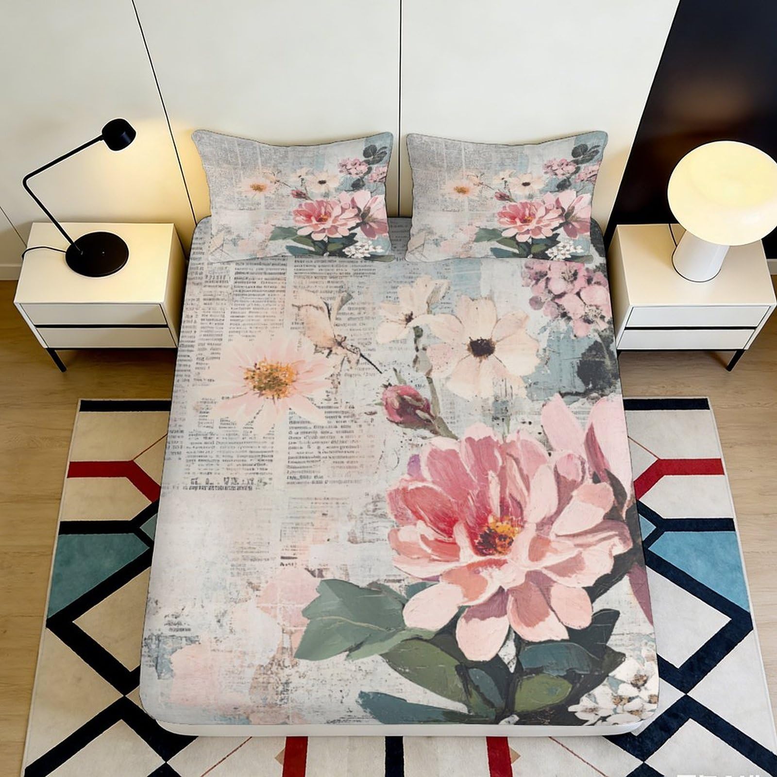 3D Printed Floral Pattern Fitted Sheet Microfiber Soft Breathable Vintage Newspaper Bed Cover for Bedroom Dormitory Guest Room Mattress Protection 160x200x25cm