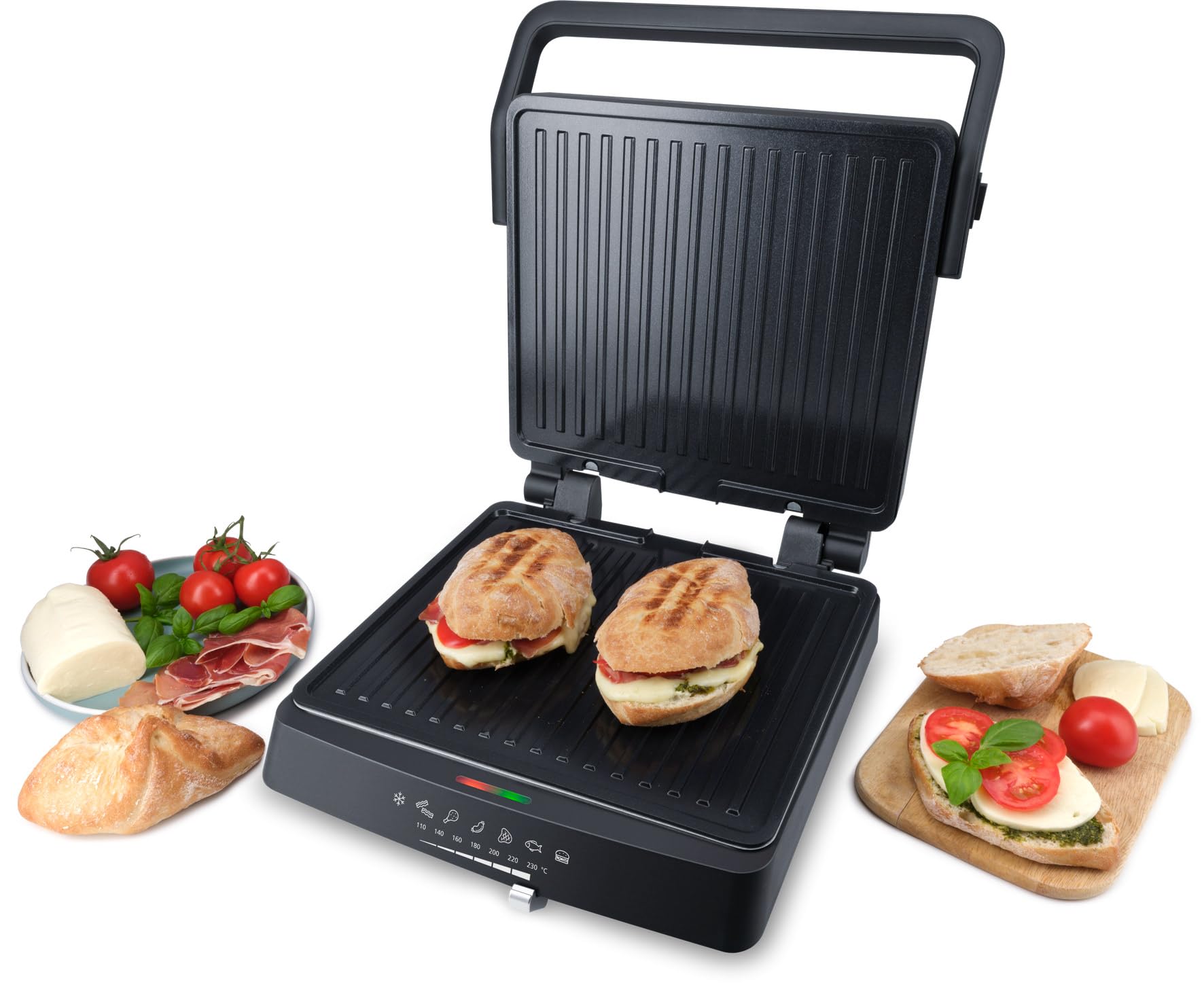 Steba FG 75 grill stołowy i kontaktowy | Płyty grillowe niezawierające PFAS: 27 x 24 cm, lampa kontrolna pracy i temperatury, rozkładana o 180°