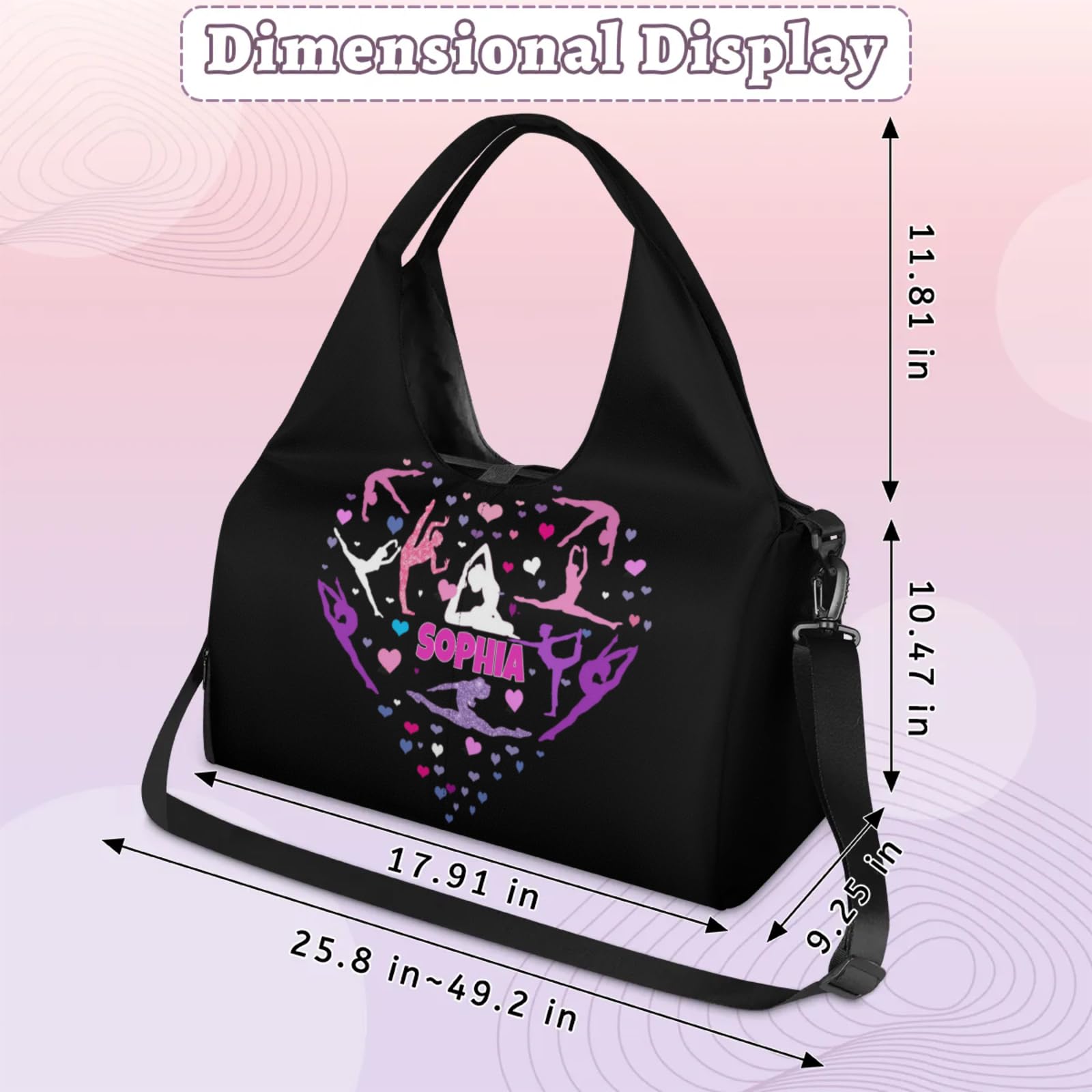 KFNHN Custom Name Gym Bag for Women with Shoe Compartment, Personalized Black Yoga Mat Bag Weekender Bag with Shoulder Strap, Love Heart Pink Purple Yoga Silhouette