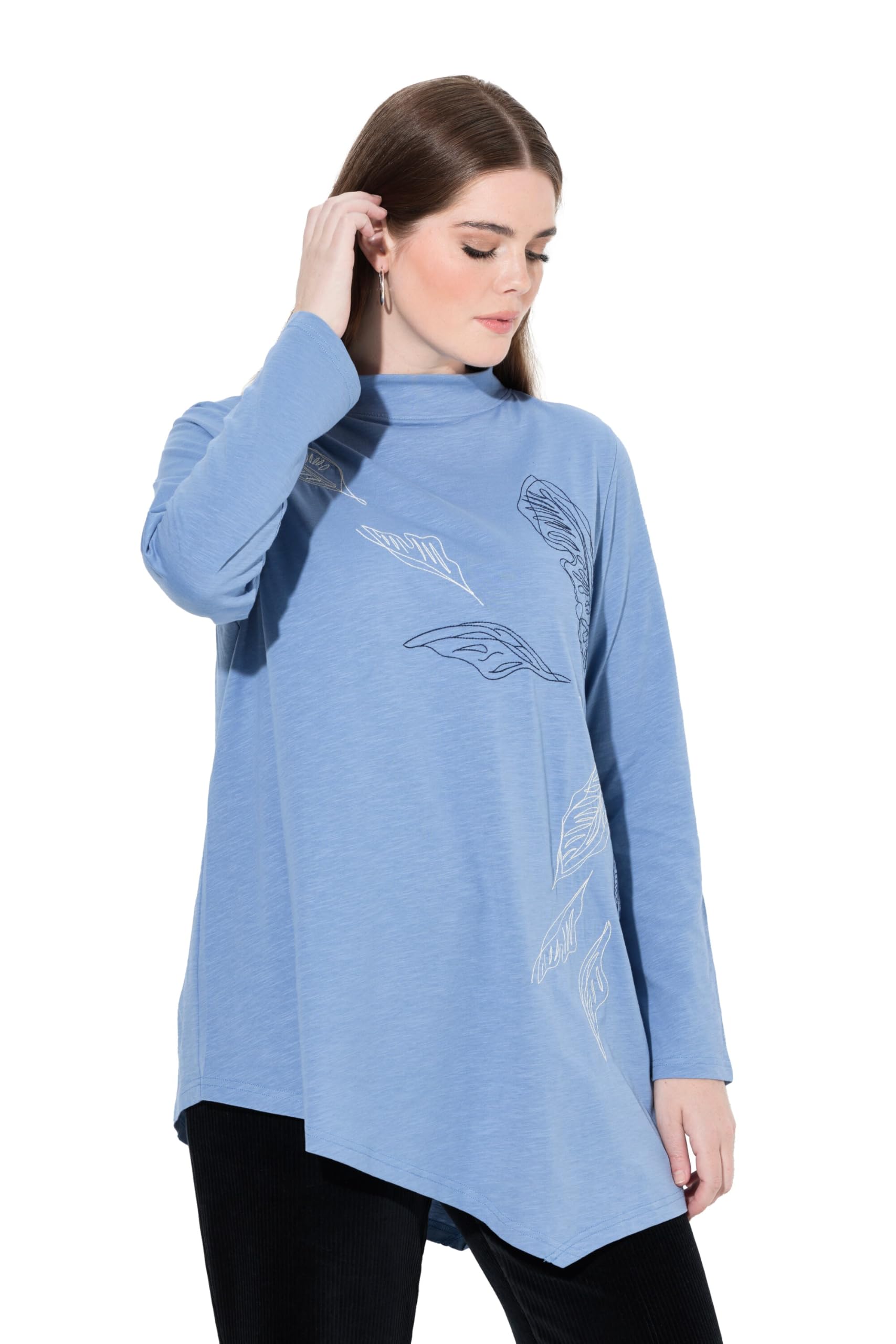 Ulla Popken Damen große Größen Übergrößen Plus Size Longshirt, Stickerei, Stehkragen, Langarm, Biobaumwolle 843313