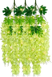 12 Pack Green Wisteria Hanging Flowers Garland with Lights, 3.44 Feet Artificial Flower Vines, Fake Wisteria, Artificial Vines Hanging Garland for Backdrop Outdoor Patio Garden Decor