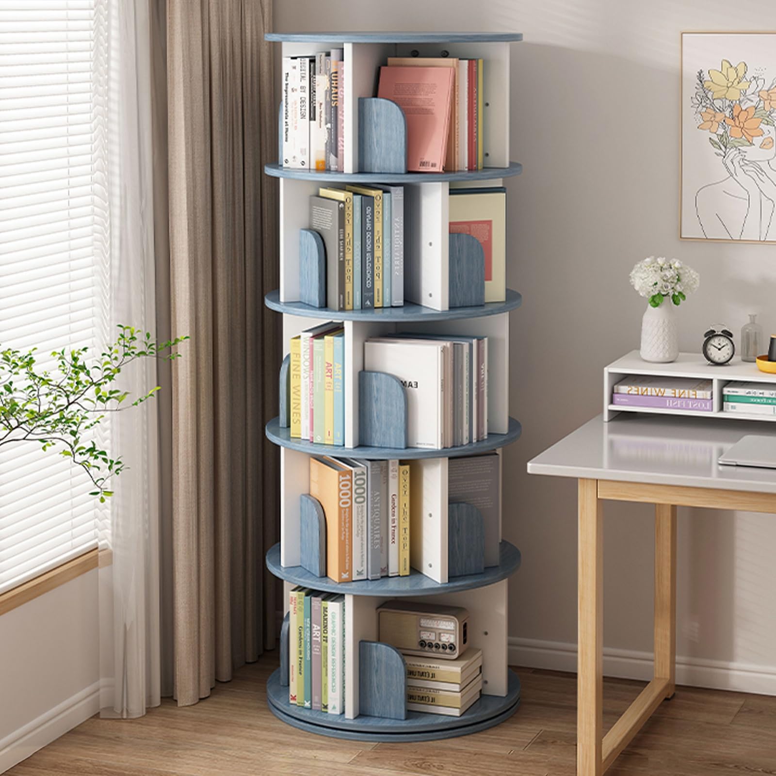 ASerZenith 360° Rotating Bookshelf Multifunctional Vertical Storage Rack Decorative Home Office Space-Saving Display Shelf,160Cm
