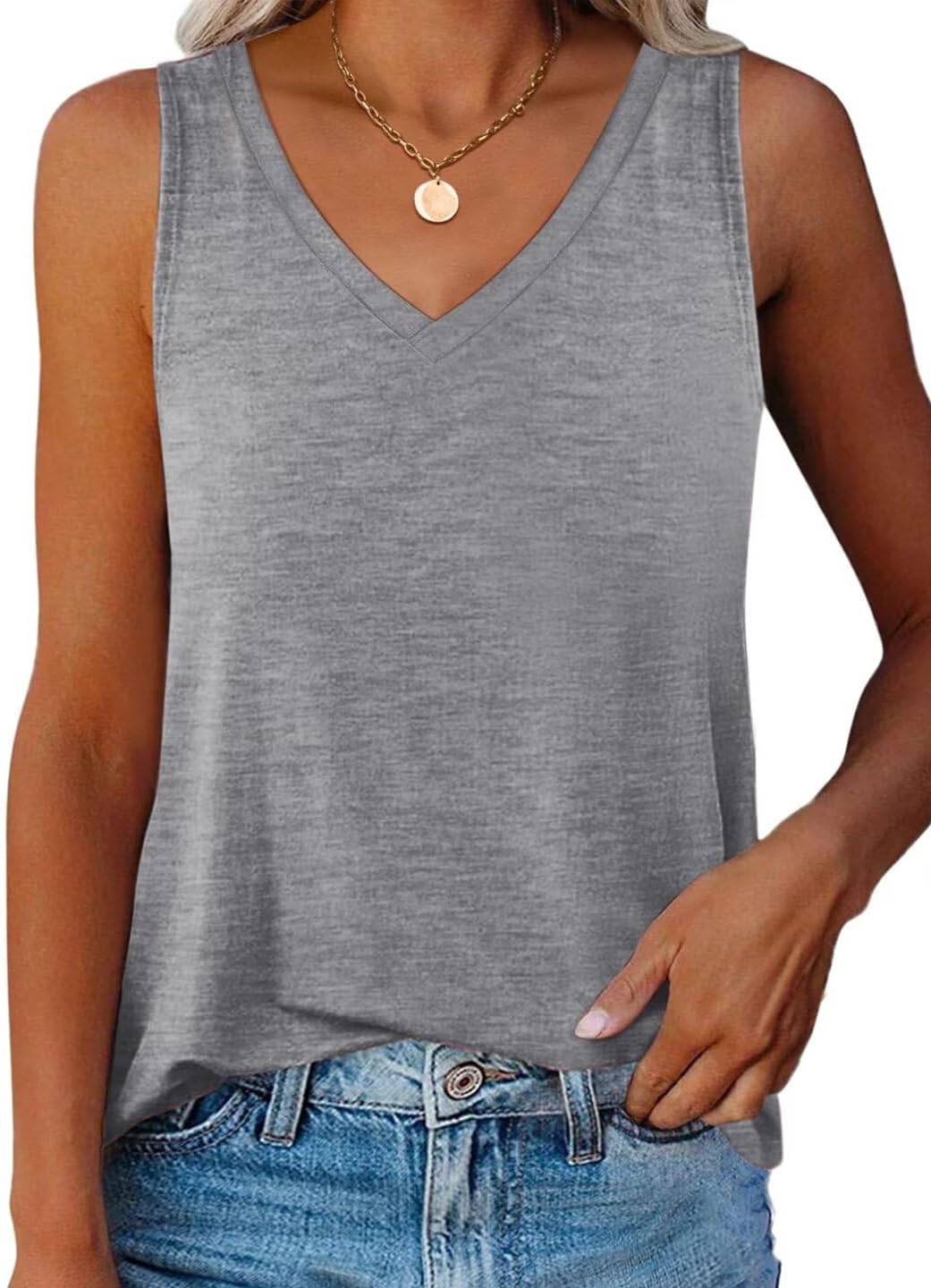 Women V Neck Tank Tops Summer Casual Curved Hem Sleeveless Loose Fit Shirts 2026