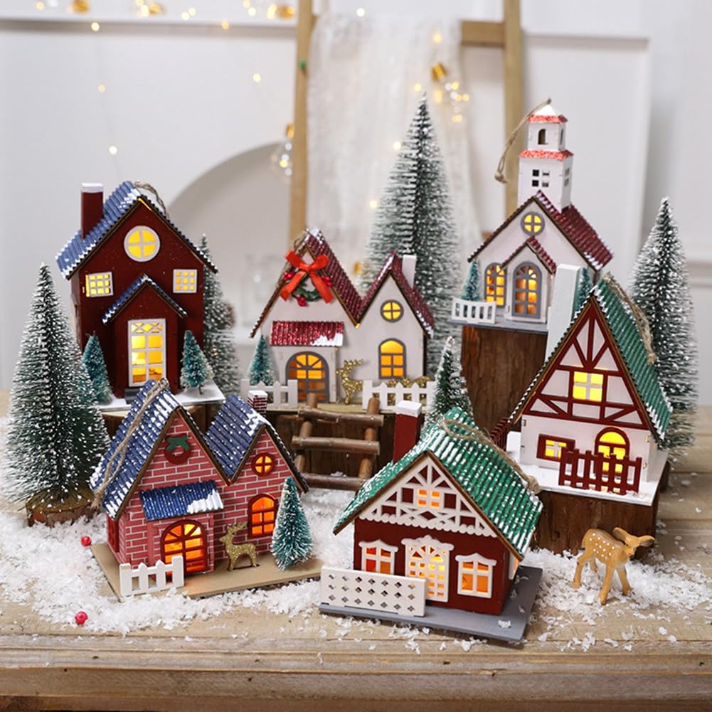 Casa de Troncos Casa Edificio Luminoso Adornos Navideños de Madera Adecuado para la Decoración del Árbol de Navidad