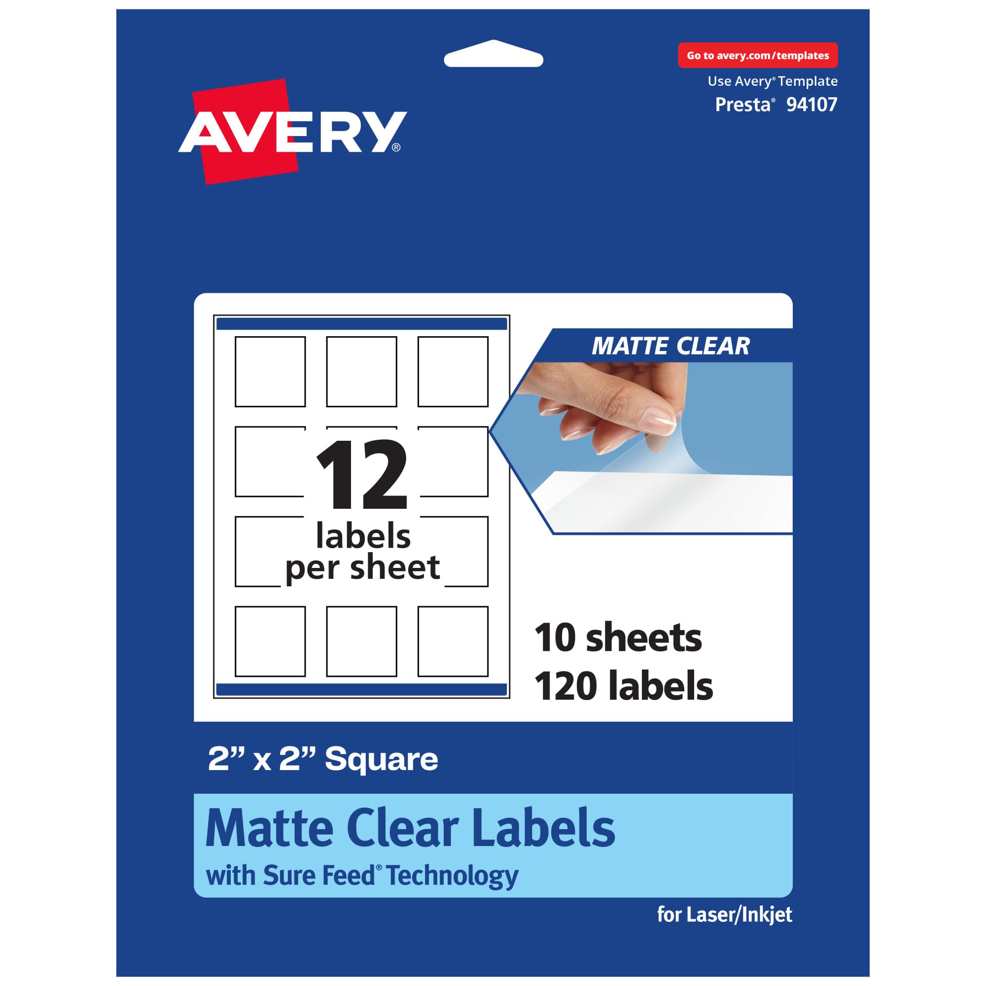 Avery Matte Clear Square Labels, Sure Feed Technology, 2" x 2", 120 Matte Clear Labels, Print-to-The-Edge, Laser/Inkjet Printable