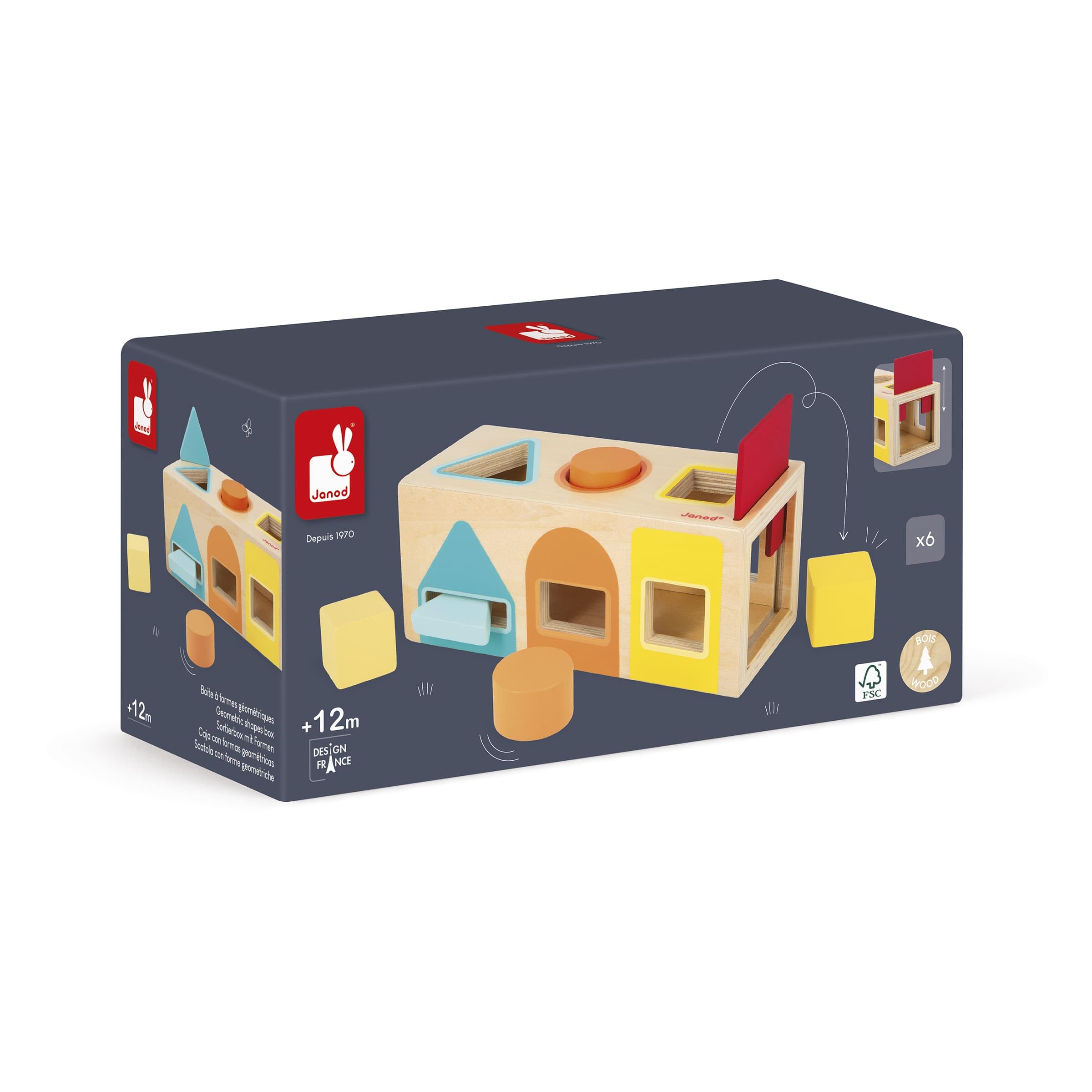 Janod - Geometric Shape Box (Wood) - Wooden Early-Learning Toy - Educational Game - Fine Motor Skills - 12 Months - J05330