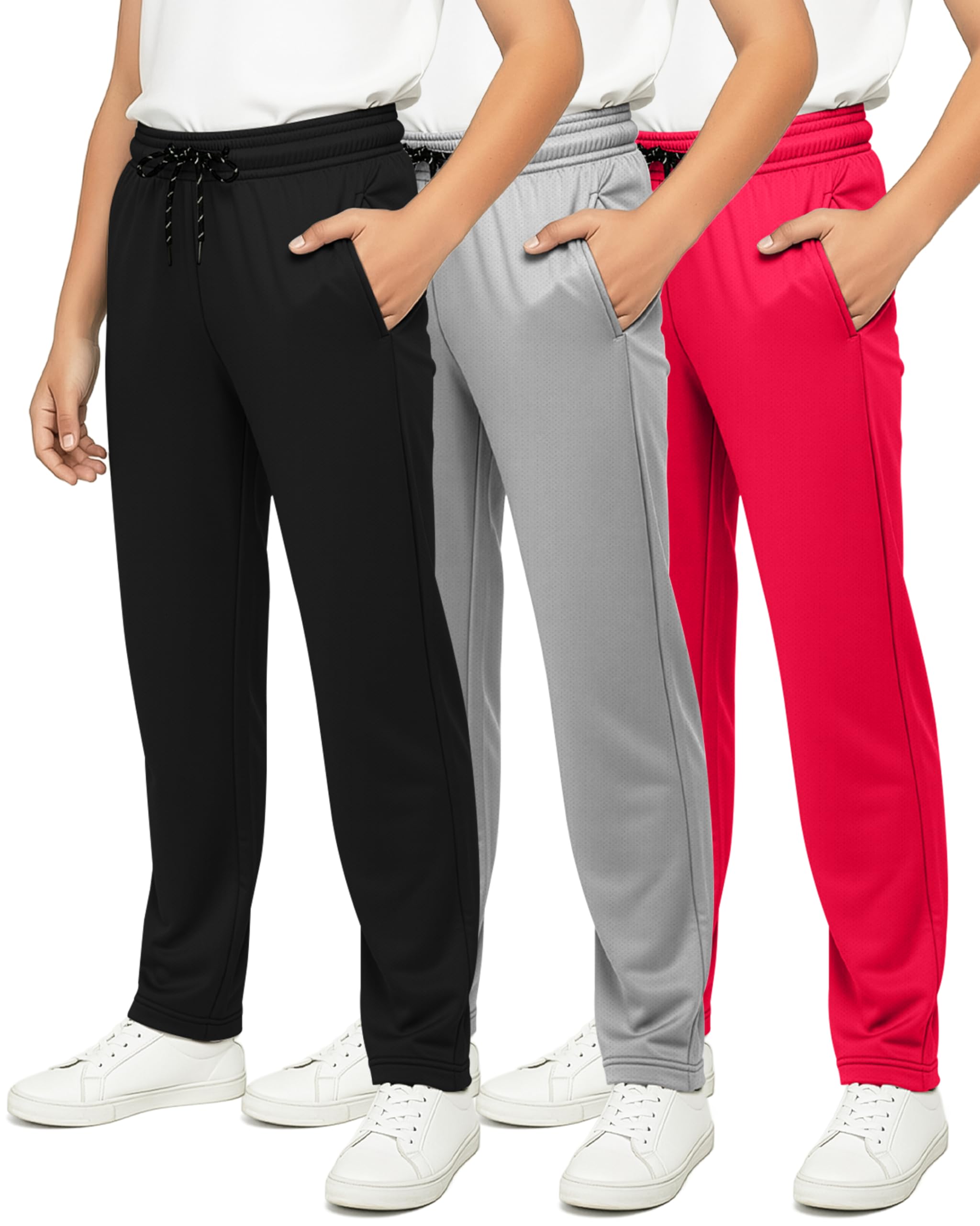 Real Essentials 3 Pack: Boys' Mesh Open Bottom Active Sweatpants with Pockets & Drawstring