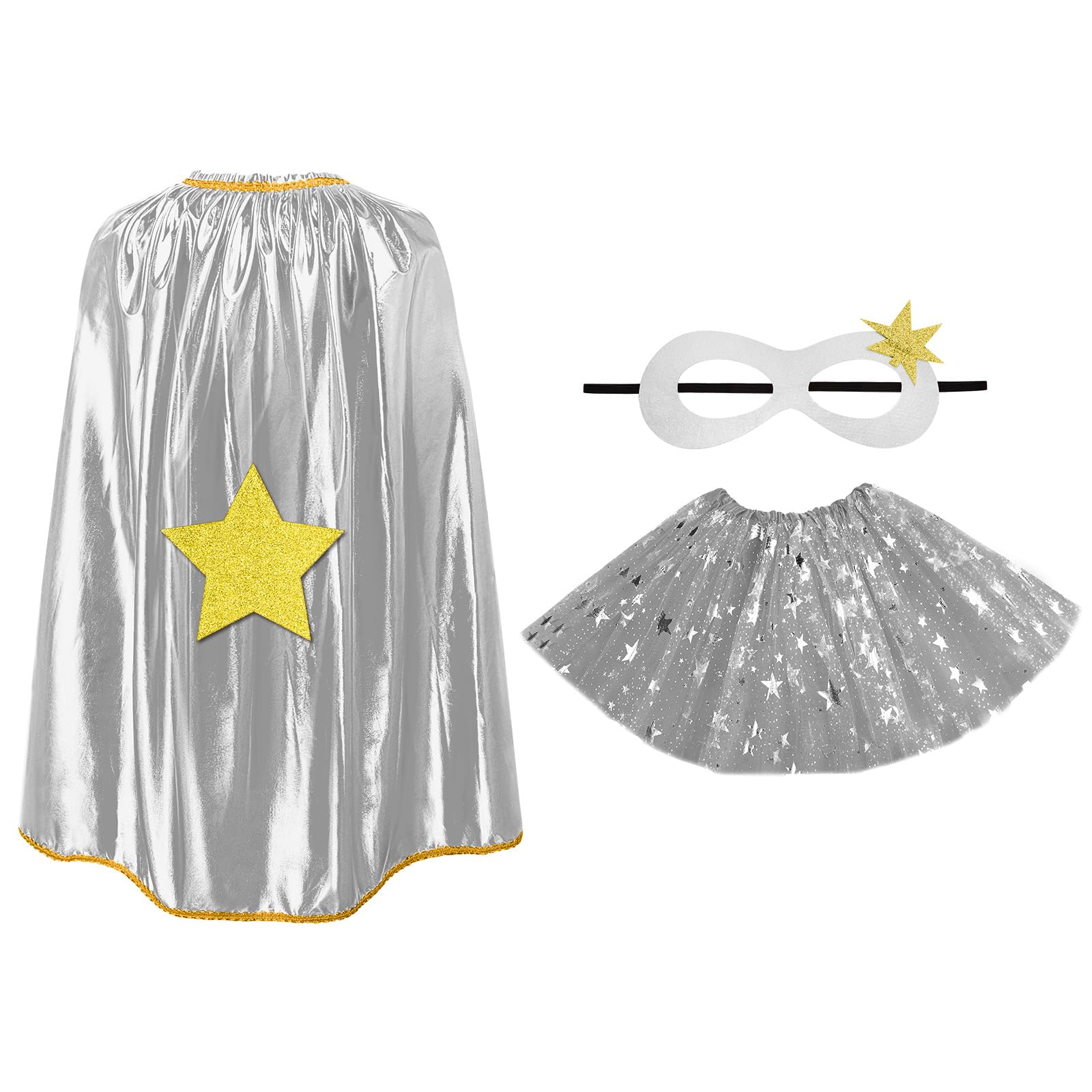 AUYAO Super-heroes Costumes Heroes Capes Kit, Kids Capes Cloak Dress Up Set with Mask Tutu Ballet Dance Skirt, 3Pcs Girls Princess Costumes Capes for Halloween Christmas Birthday Party(Silver)
