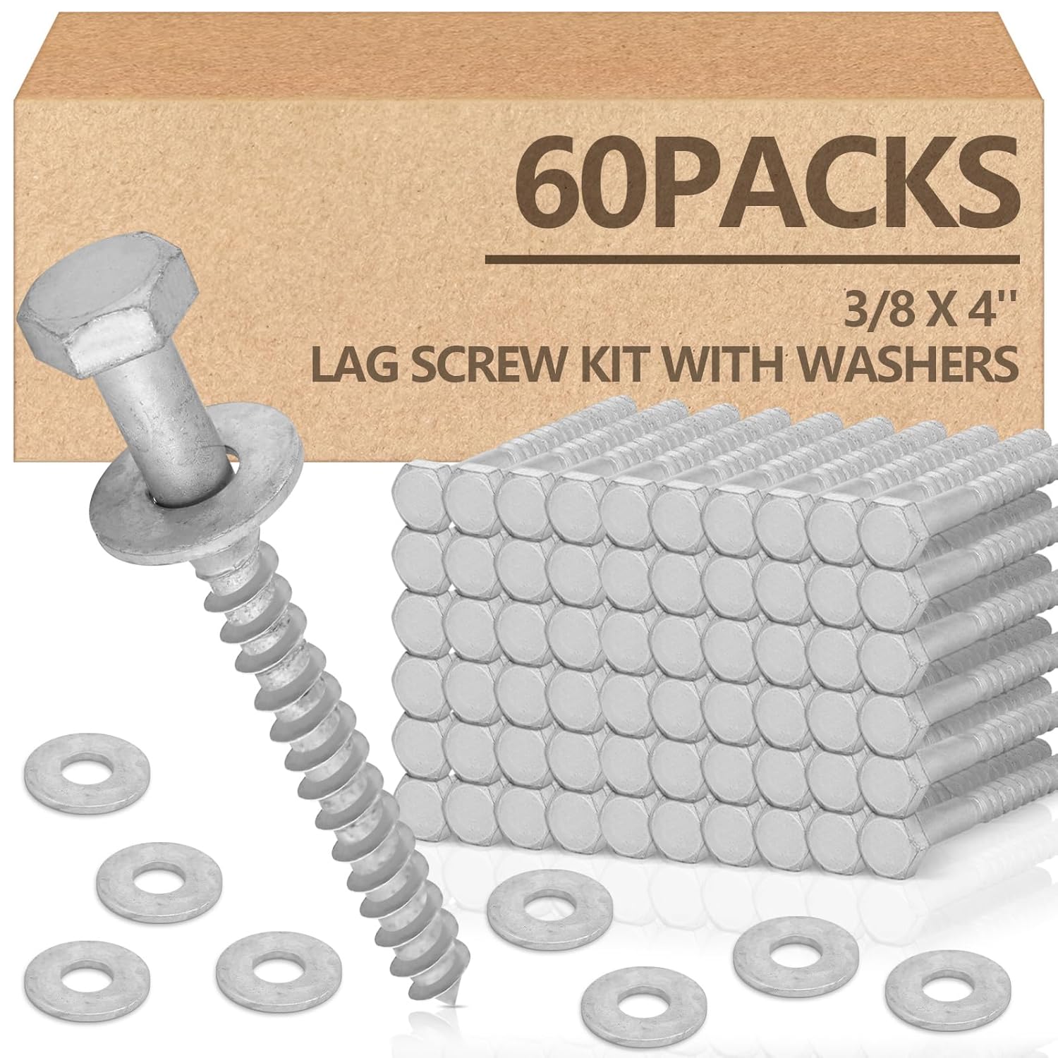 Tandefio 60 Pack 3/8'' x 4'' Lag Screw Kit with Washers Hot Dip Galvanized Hex Lag Bolts Heavy Duty Wood Screws for Wood Decks Fences