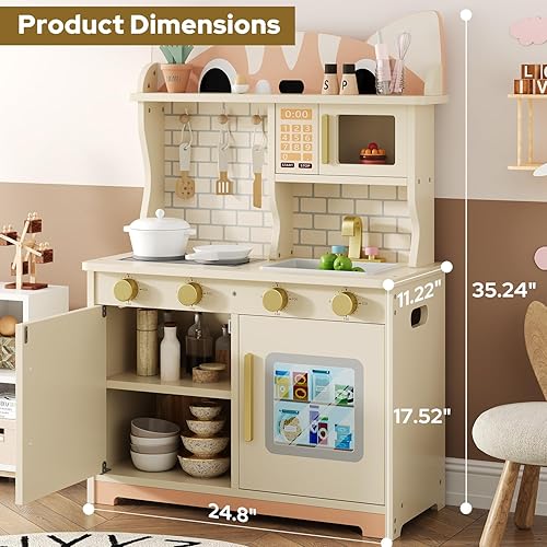 Miniatura 2 de Cocina de madera para bebés de 3 a 8 años, juego de cocina con diseño de gato con microondas, estufa, fregadero, perillas de clic, juguete de