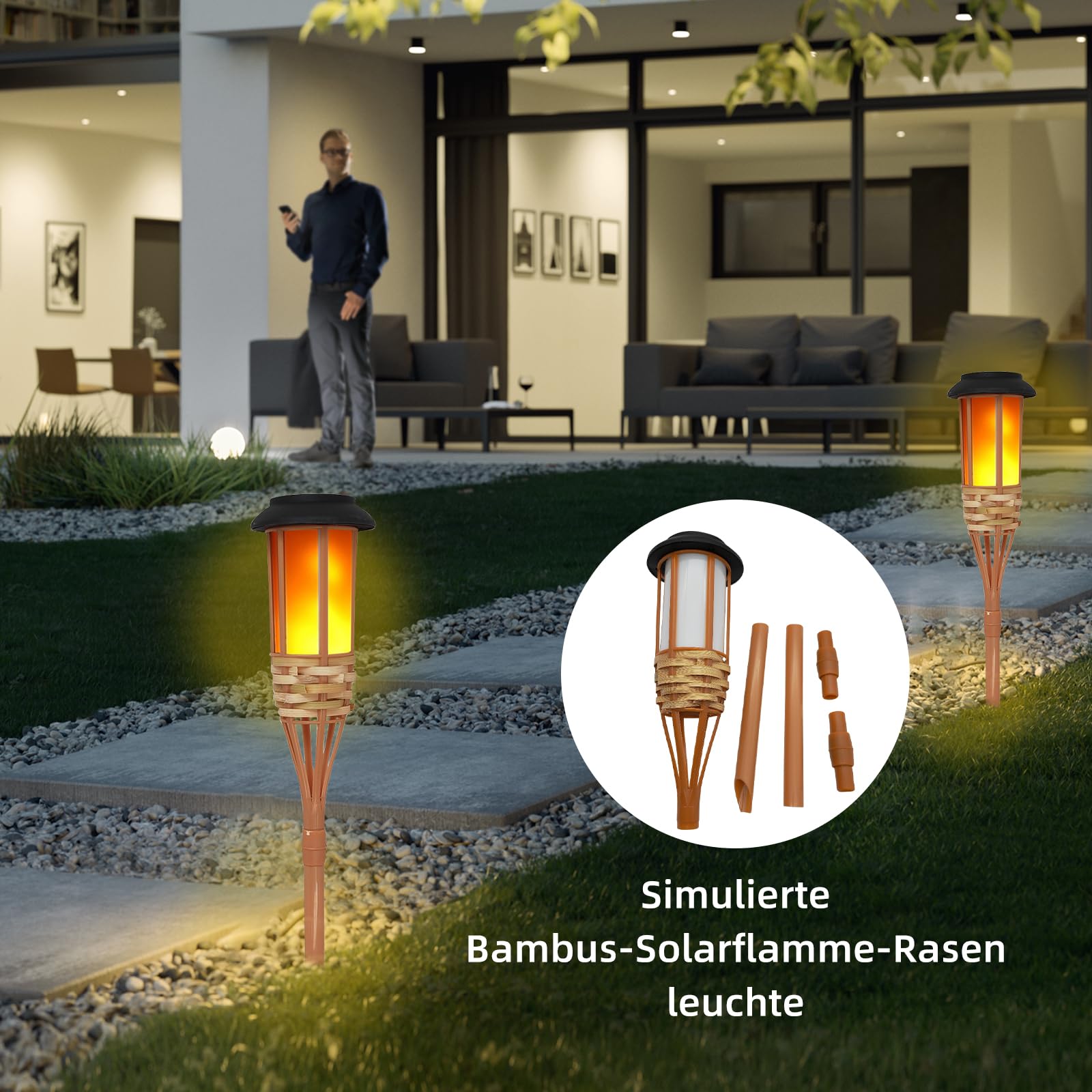 4 lámparas solares para exteriores, lámparas solares hechas a mano, chapa de bambú, antorchas solares con llama parpadeante, decoración exterior para jardín y patio, antorchas solares para exteriores