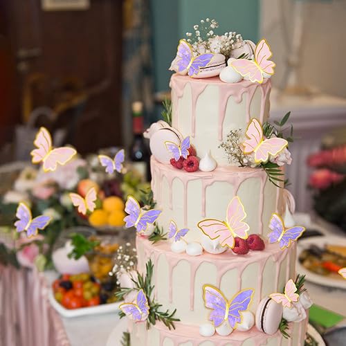 Miniatura 2 de 60 decoraciones de mariposa para cupcakes rosa y dorado morado, animadas mariposas 3D para decoración de pasteles, cumpleaños, aniversario, niños