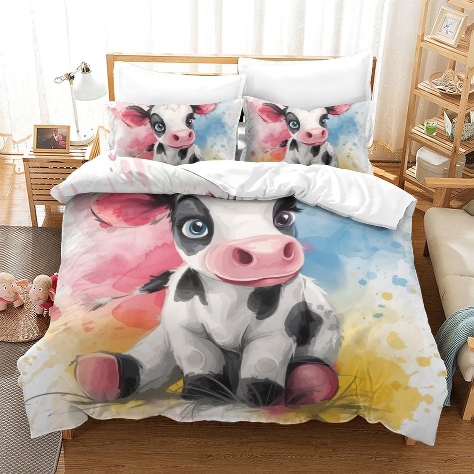 Housse de couette vache microfibre respirante et super douce 200x200cm parure 3 pièces